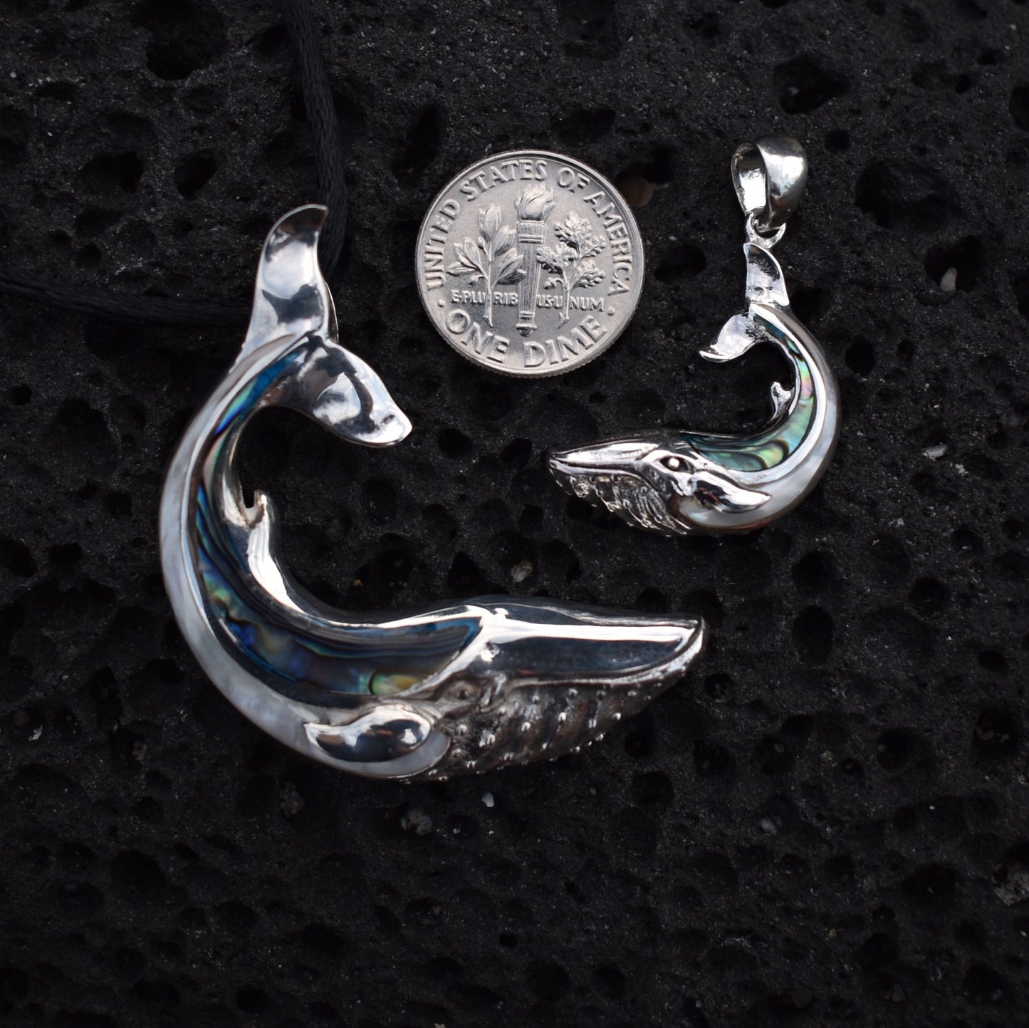 Whale Necklace Pendant. Sterling Silver. Abalone Shell. Mother of Pearl.