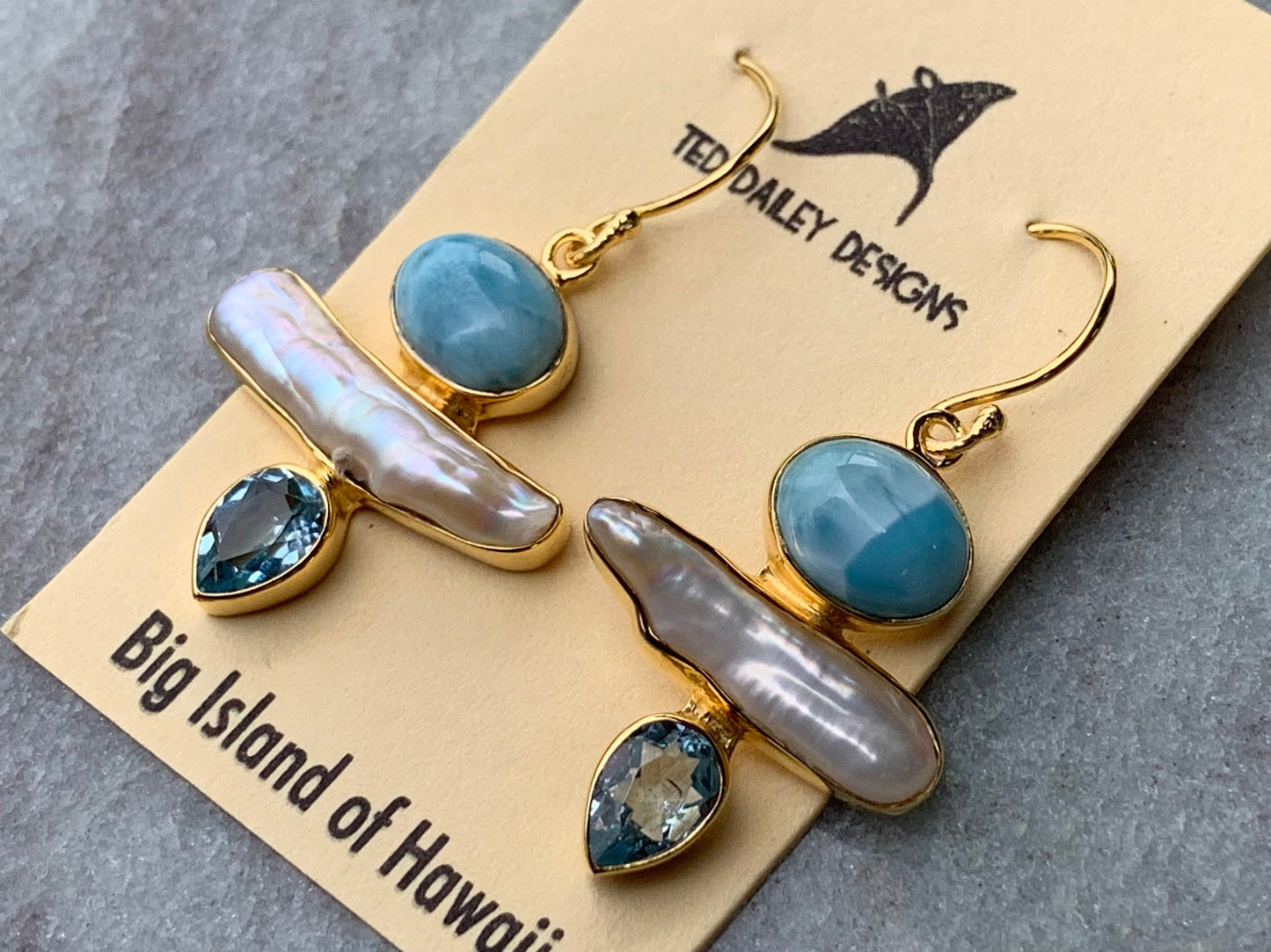 Larimar, Pearl, Blue Topaz 18k Gold Vermeil Earrings.
