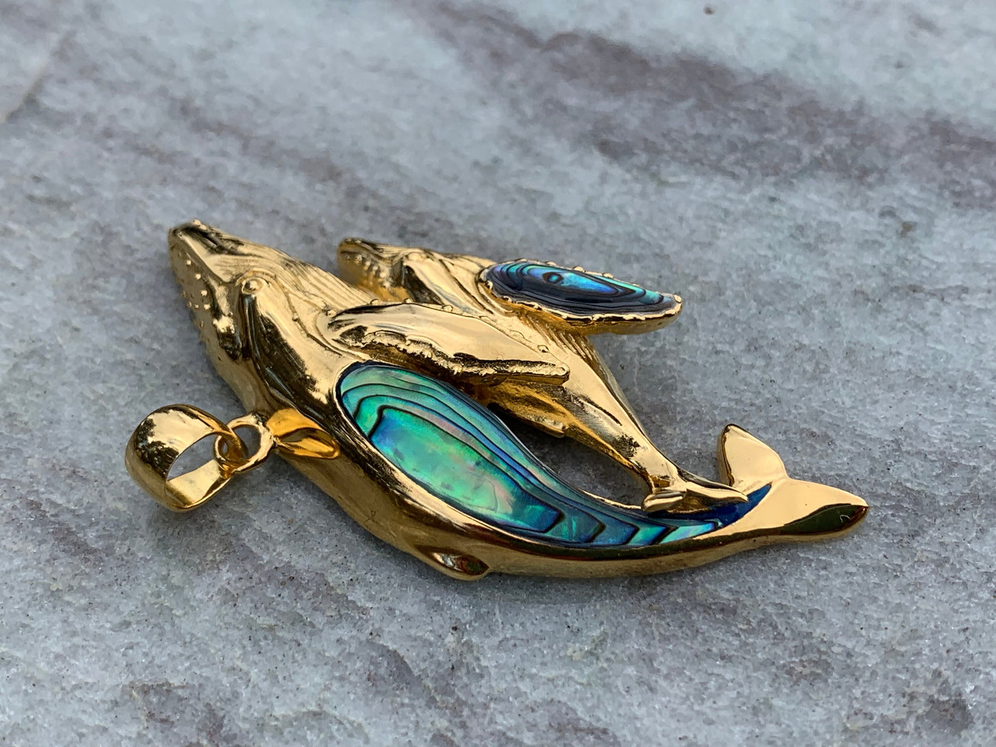 Mother and Baby Humpback Whale Necklace Pendant. 18k Gold Vermeil, Abalone Paua Shell.