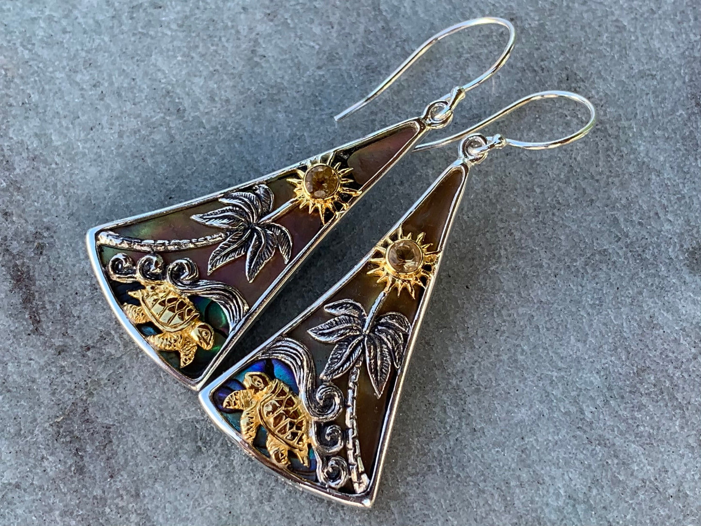 Turtle Sun Wave Palm Tree Citrine Abalone Shell Gold Silver Earrings