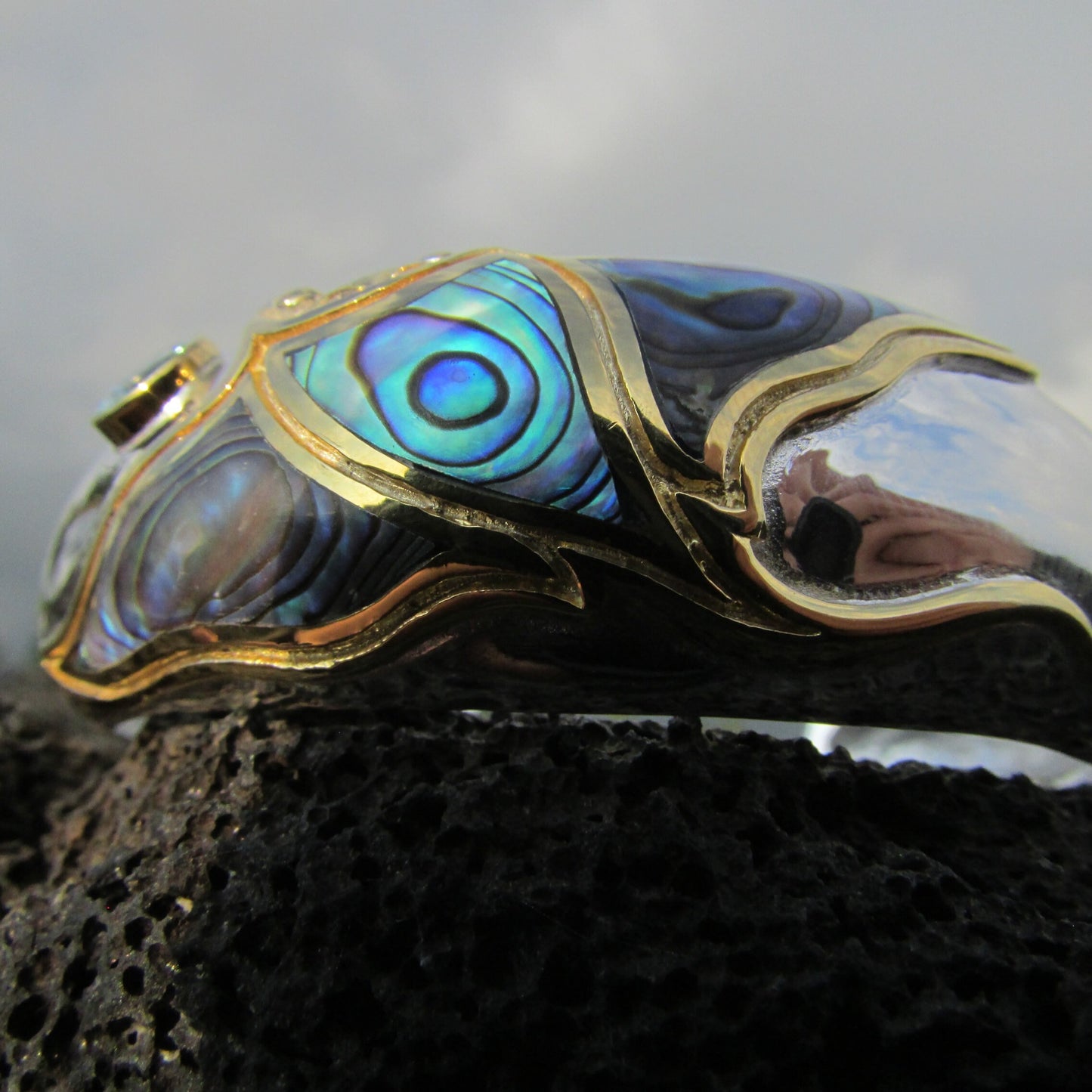Manta Ray Cuff Bracelet. Sterling Silver, 18K Gold Vermeil Plated, Blue Topaz