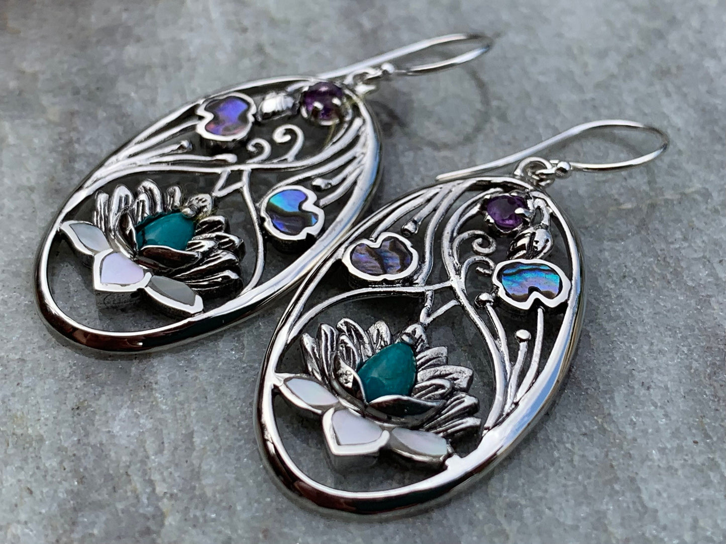 Turquoise Amethyst Lotus Earrings. Sterling Silver. Abalone Shell, Mother of Pearl.