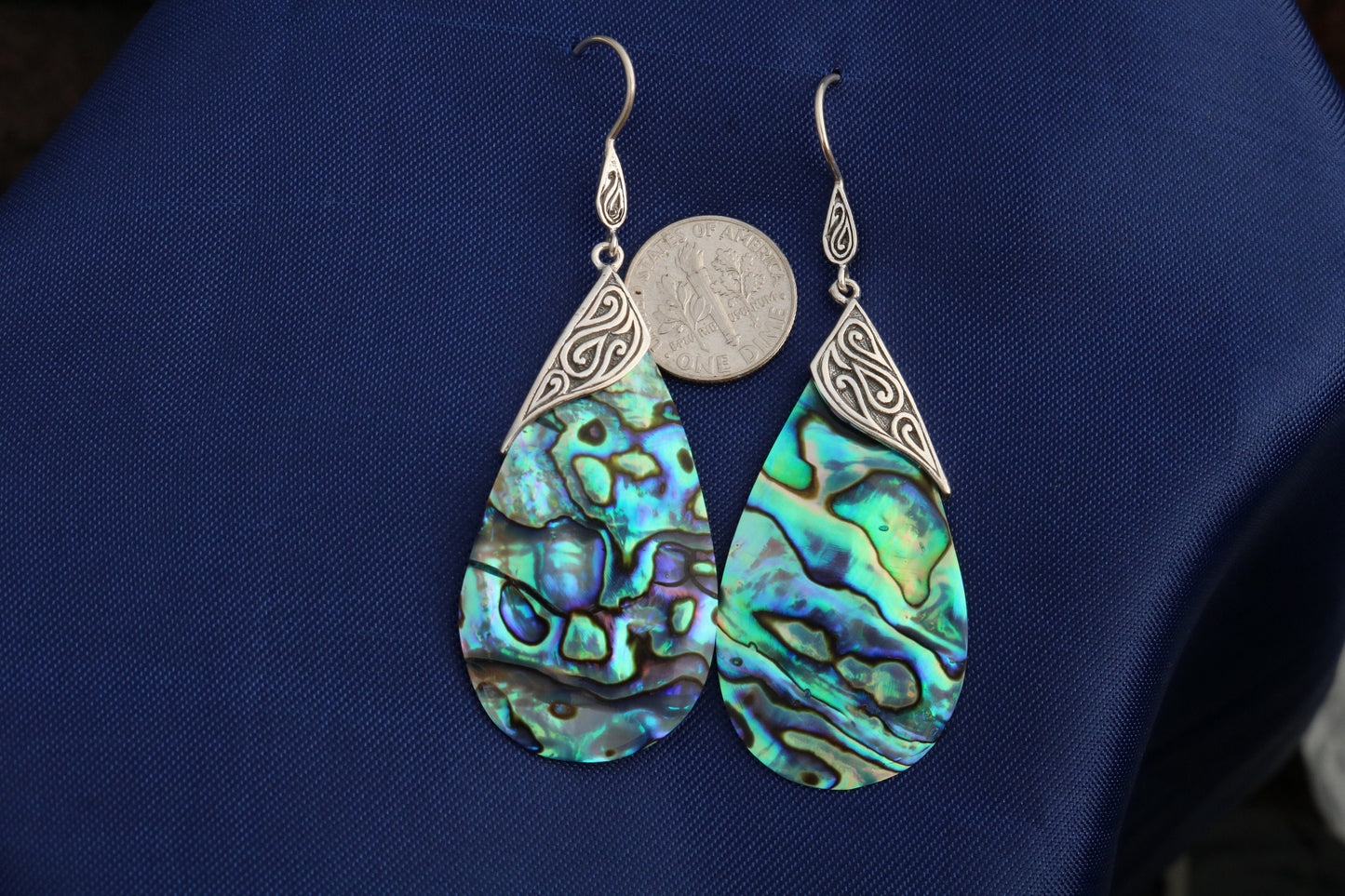 Abalone Shell Teardrop Earrings Tribal Design. Sterling Silver.