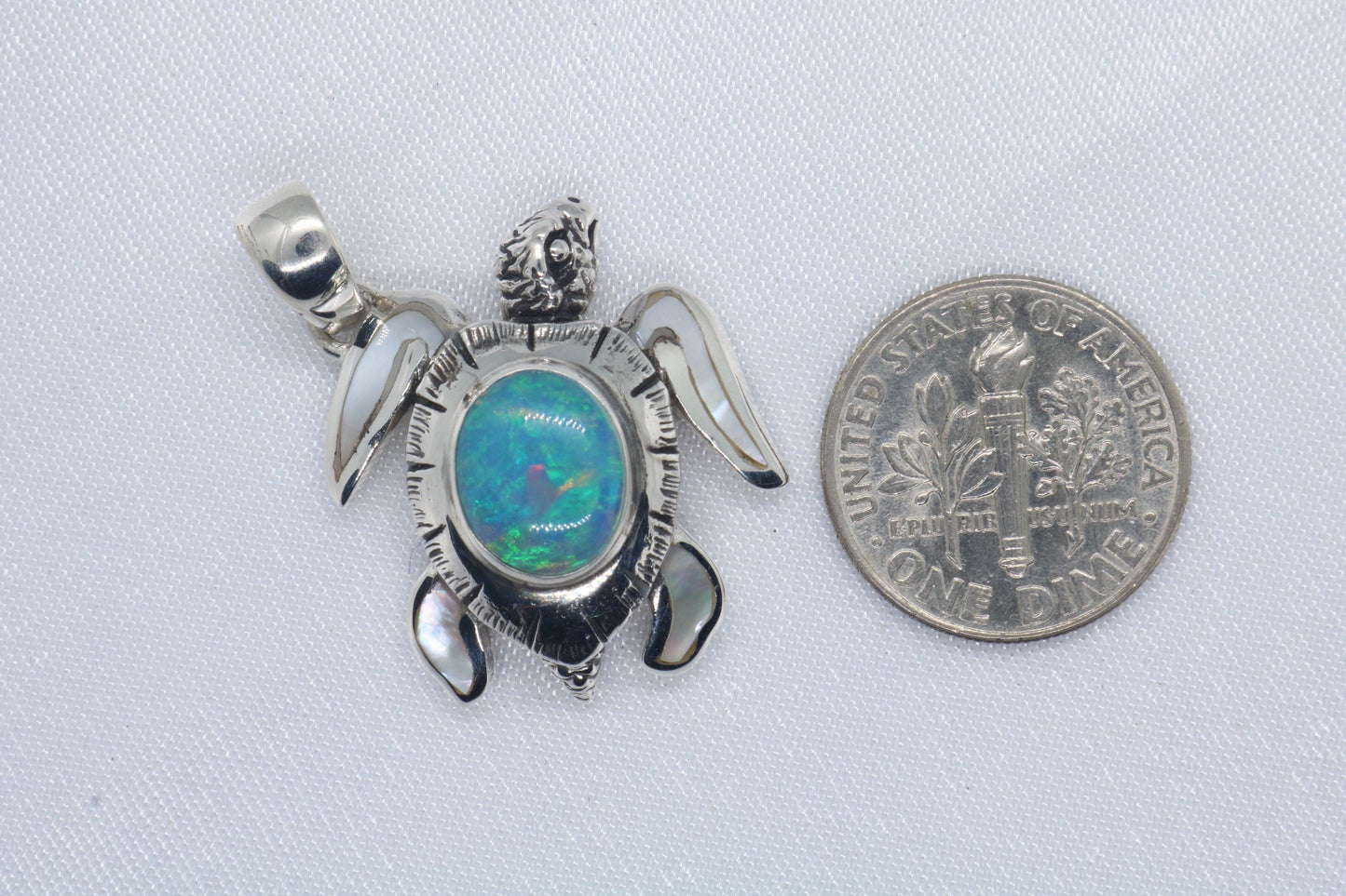 Opal Turtle Hawaiian Honu Silver Mother of Pearl Necklace Pendant