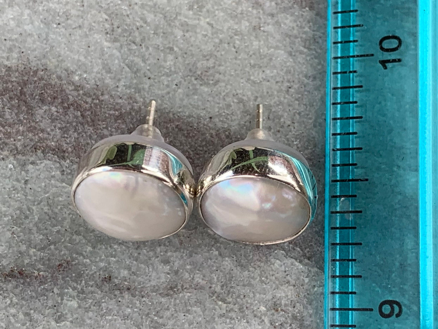 Coin Pearl Earrings Stud. Sterling Silver.