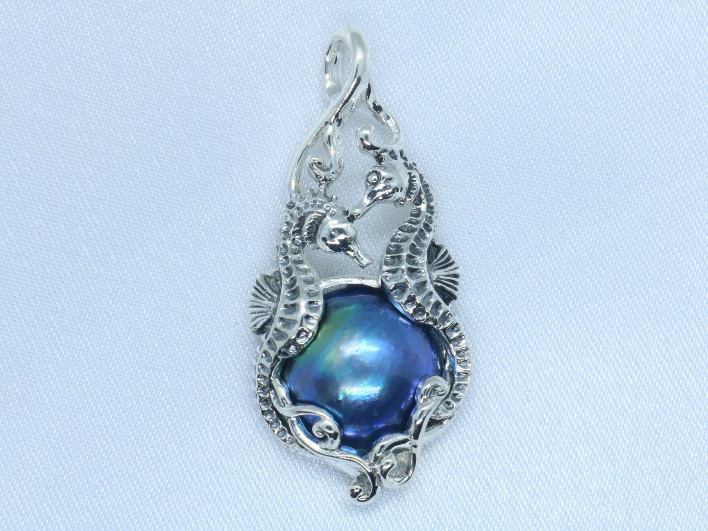 Seahorse Blue Mabe Pearl Silver Pendant Necklace