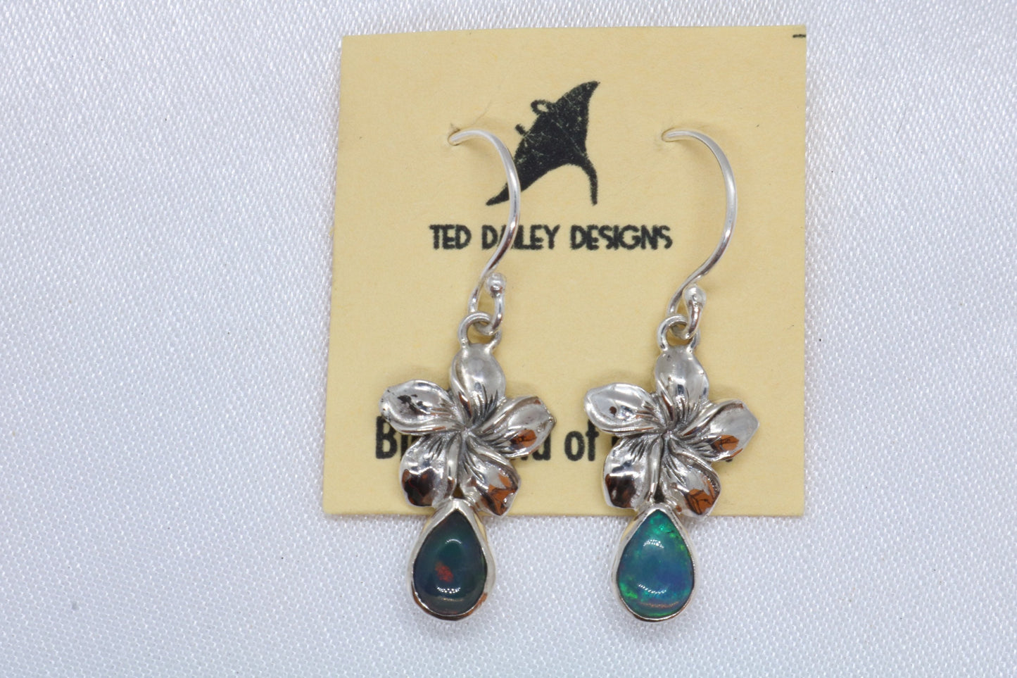 Opal Plumeria Flowers Silver Earrings