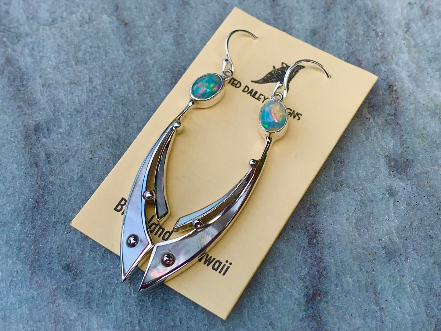Opal Ocean Wave Earrings. Mother of Pearl, Sterling Silver.