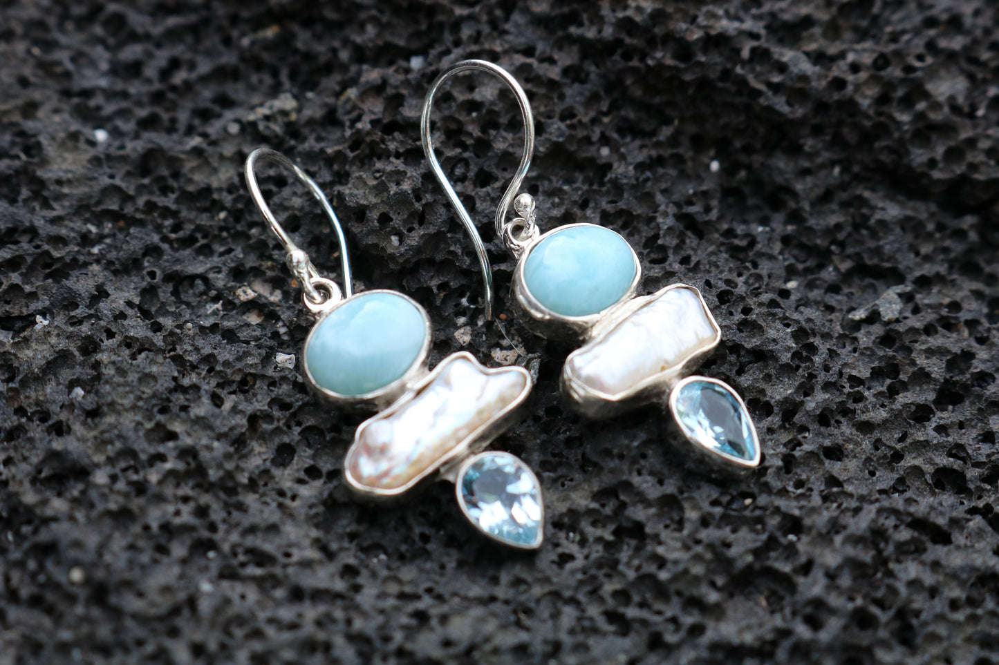 Larimar Pearl Blue Topaz Earrings. Sterling Silver.