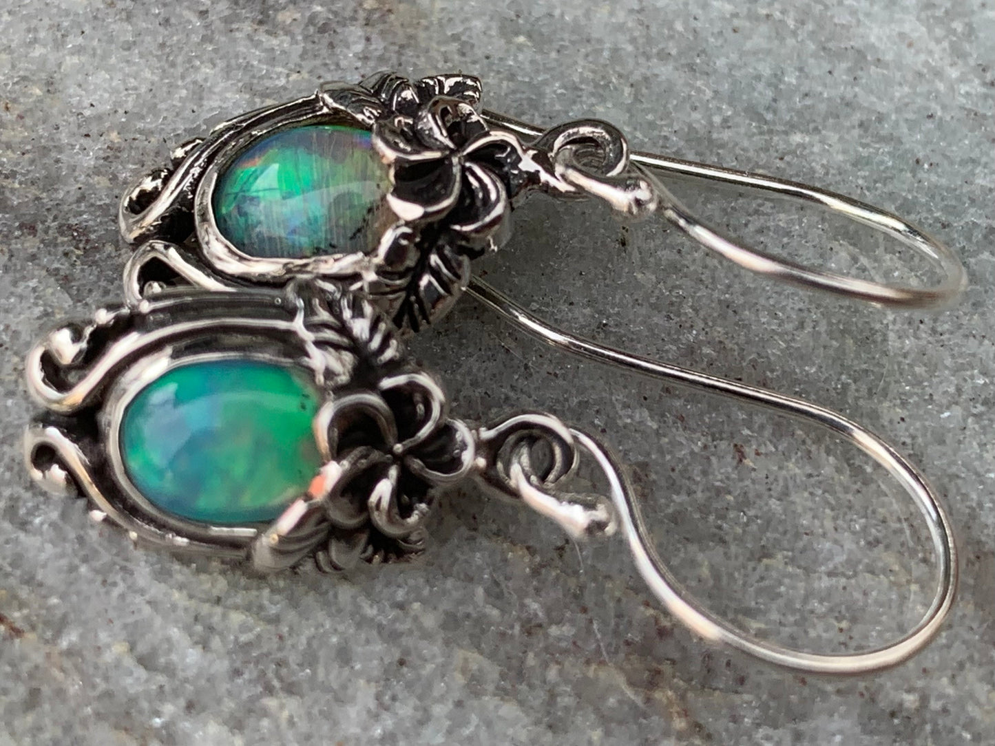Opal Plumeria Flower Earrings. Sterling Silver.