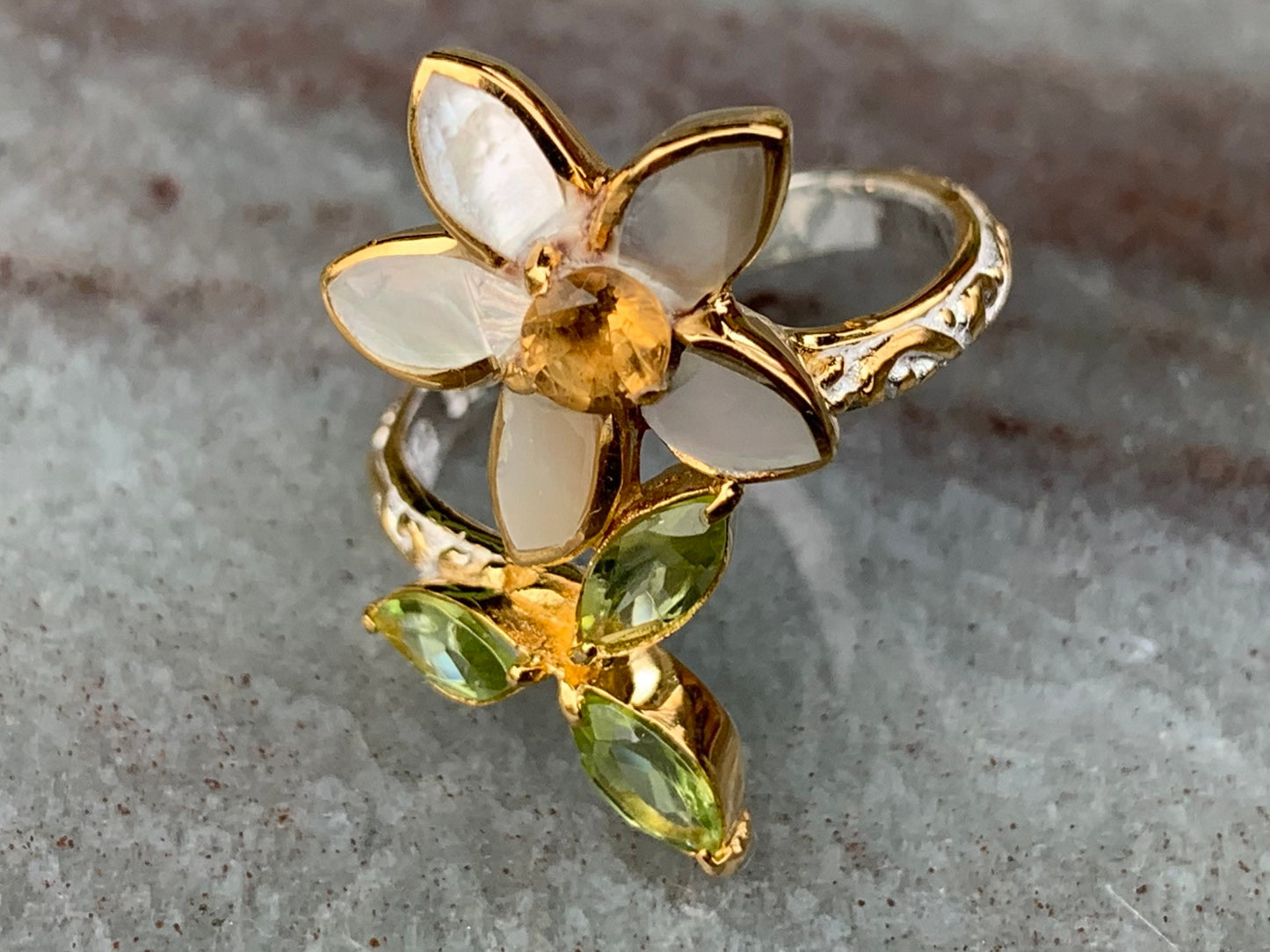 Plumeria Flower Ring. Gold, Silver, Citrine, Peridot, Mother of Pearl.