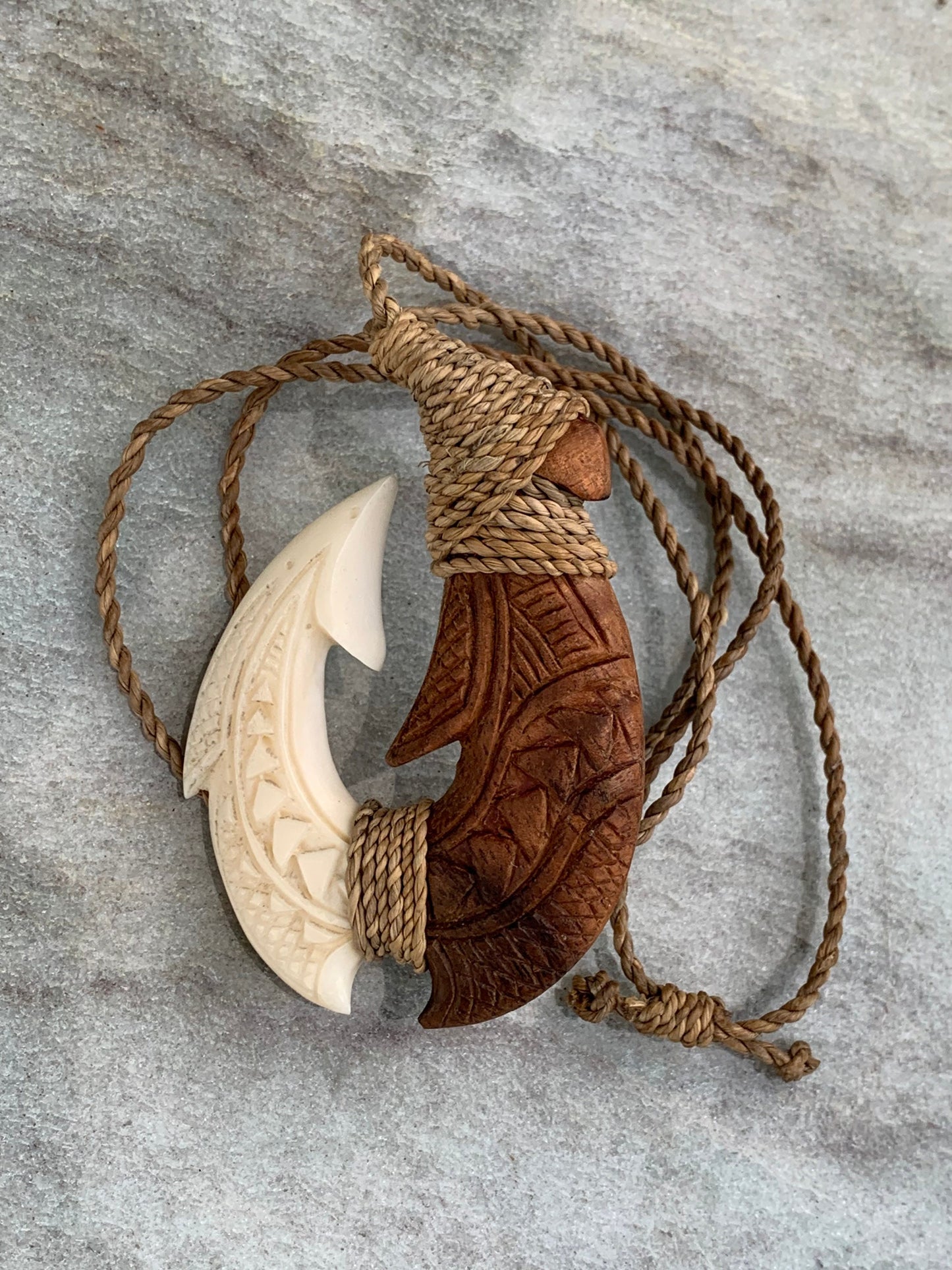Hawaiian Makau Polynesian Matau Maui Carved Fish Hook Necklace. Bone, Wood.