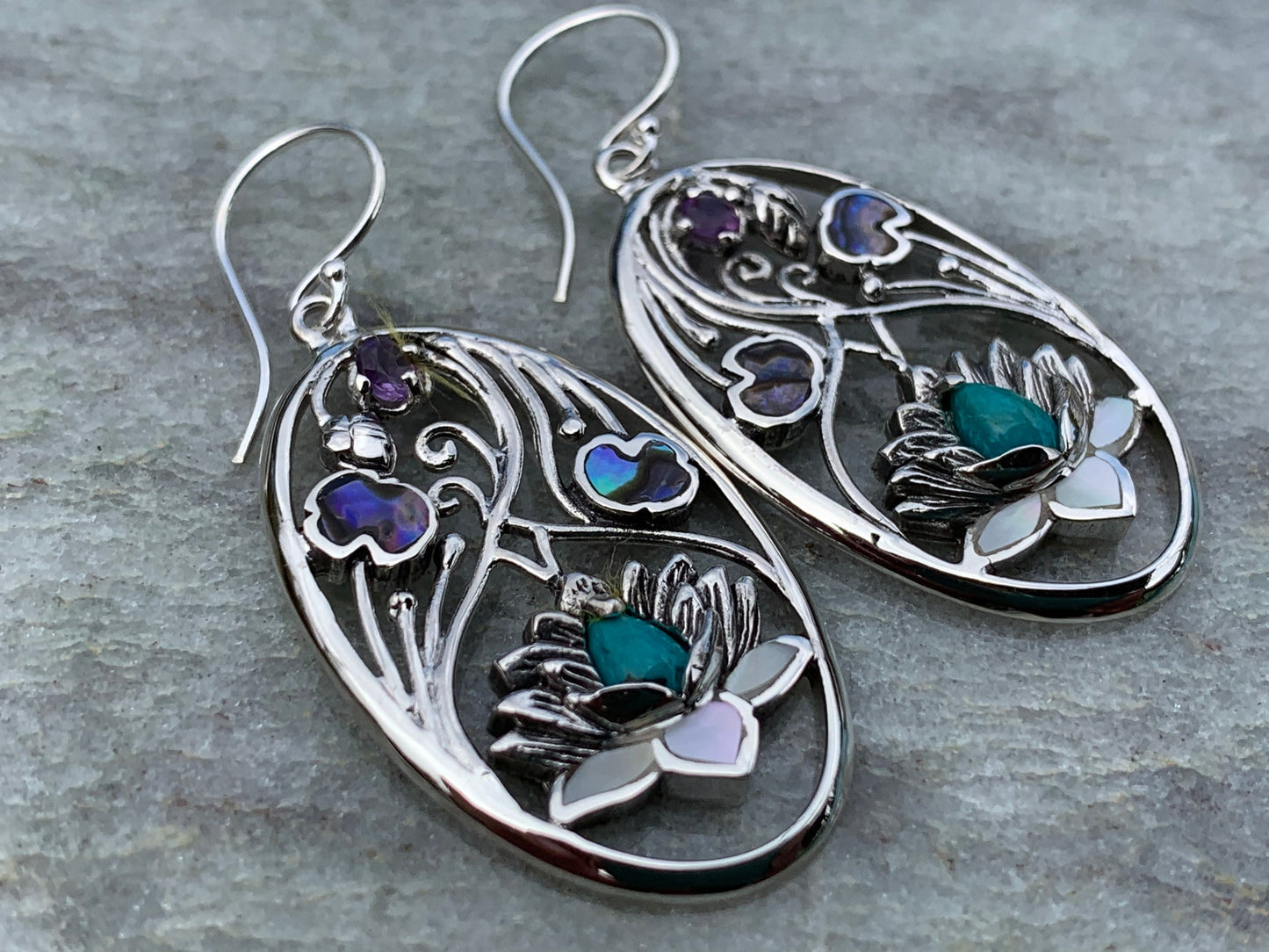 Turquoise Amethyst Lotus Earrings. Sterling Silver. Abalone Shell, Mother of Pearl.