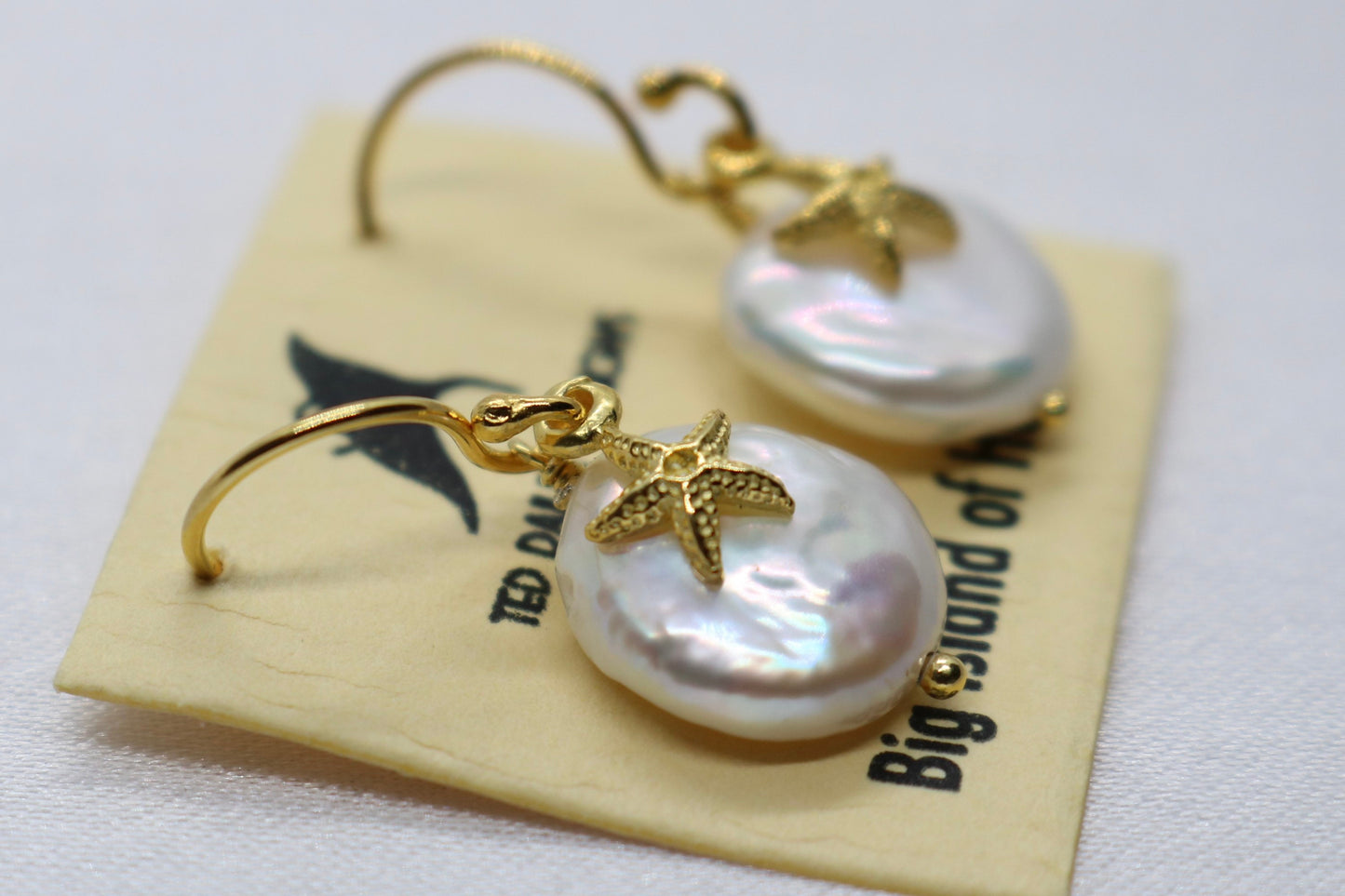 Starfish Pearl Charm Coin 18k Vermeil Gold Earrings