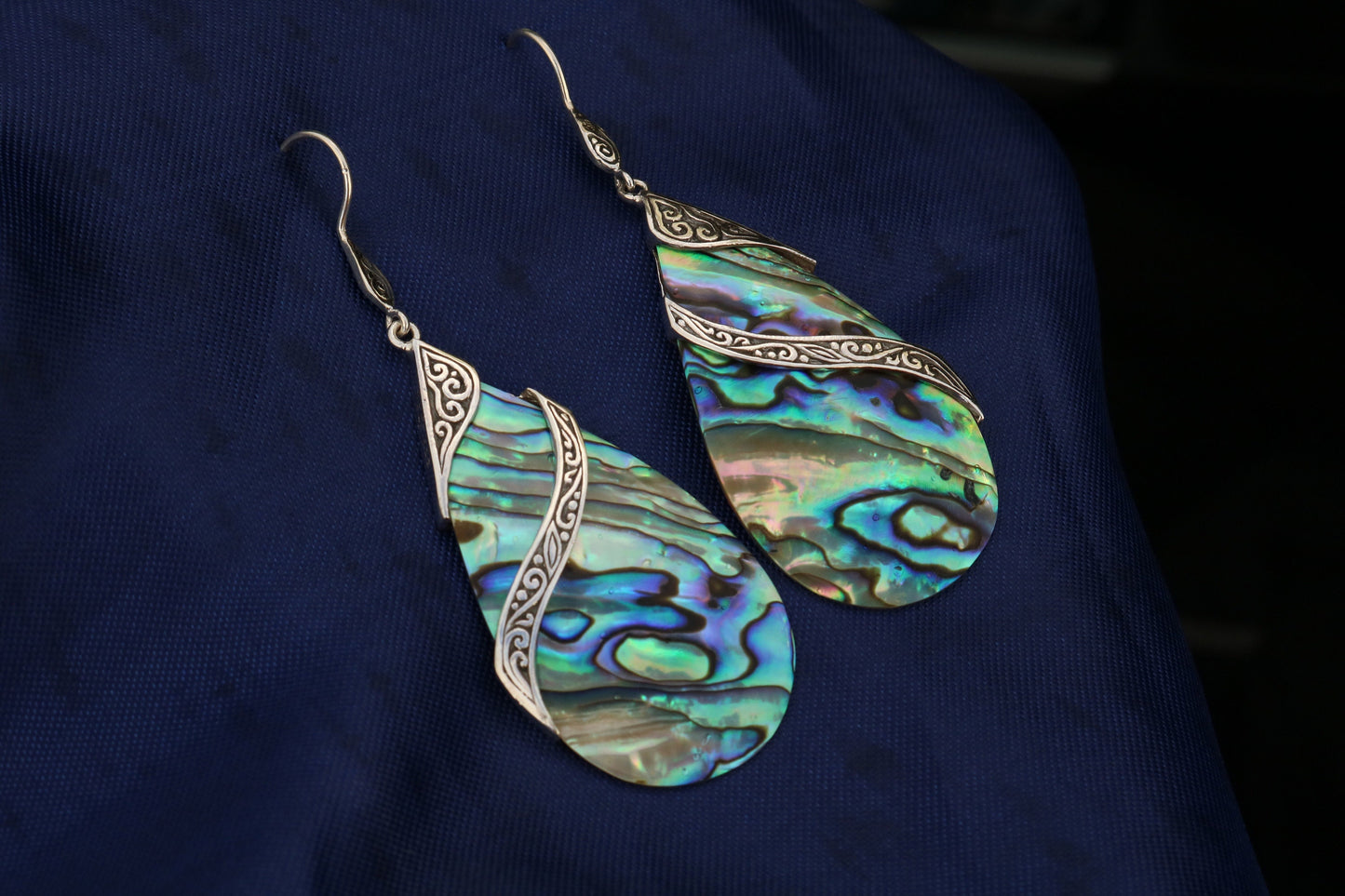 Abalone Shell Teardrop Earrings Double Tribal Design. Sterling Silver.