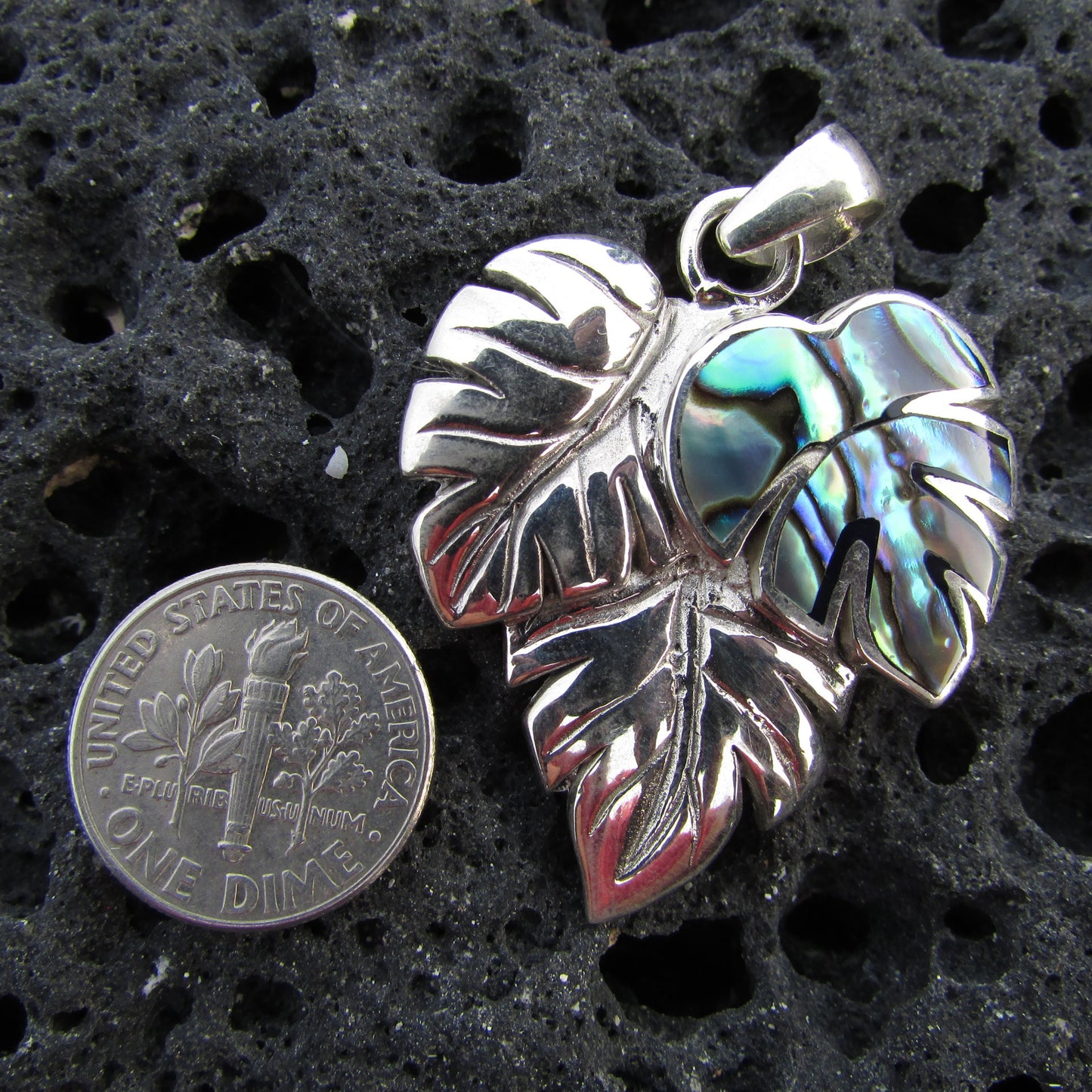 Monstera Leaf Flower Pendant Necklace | Paua Abalone Shell | Sterling Silver | Gift | Jewelry | Handmade | Unique