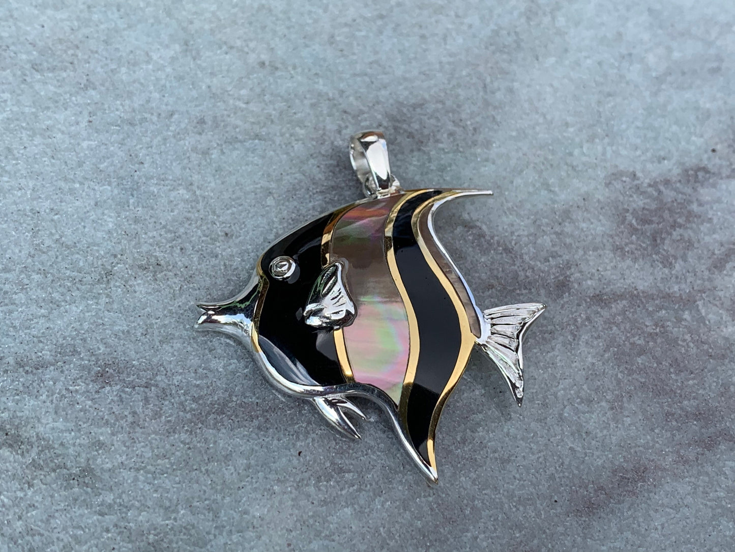 Fish Moorish Idol Hawaiian Tropical Pendant Necklace. Sterling Silver, Mother of Pearl.