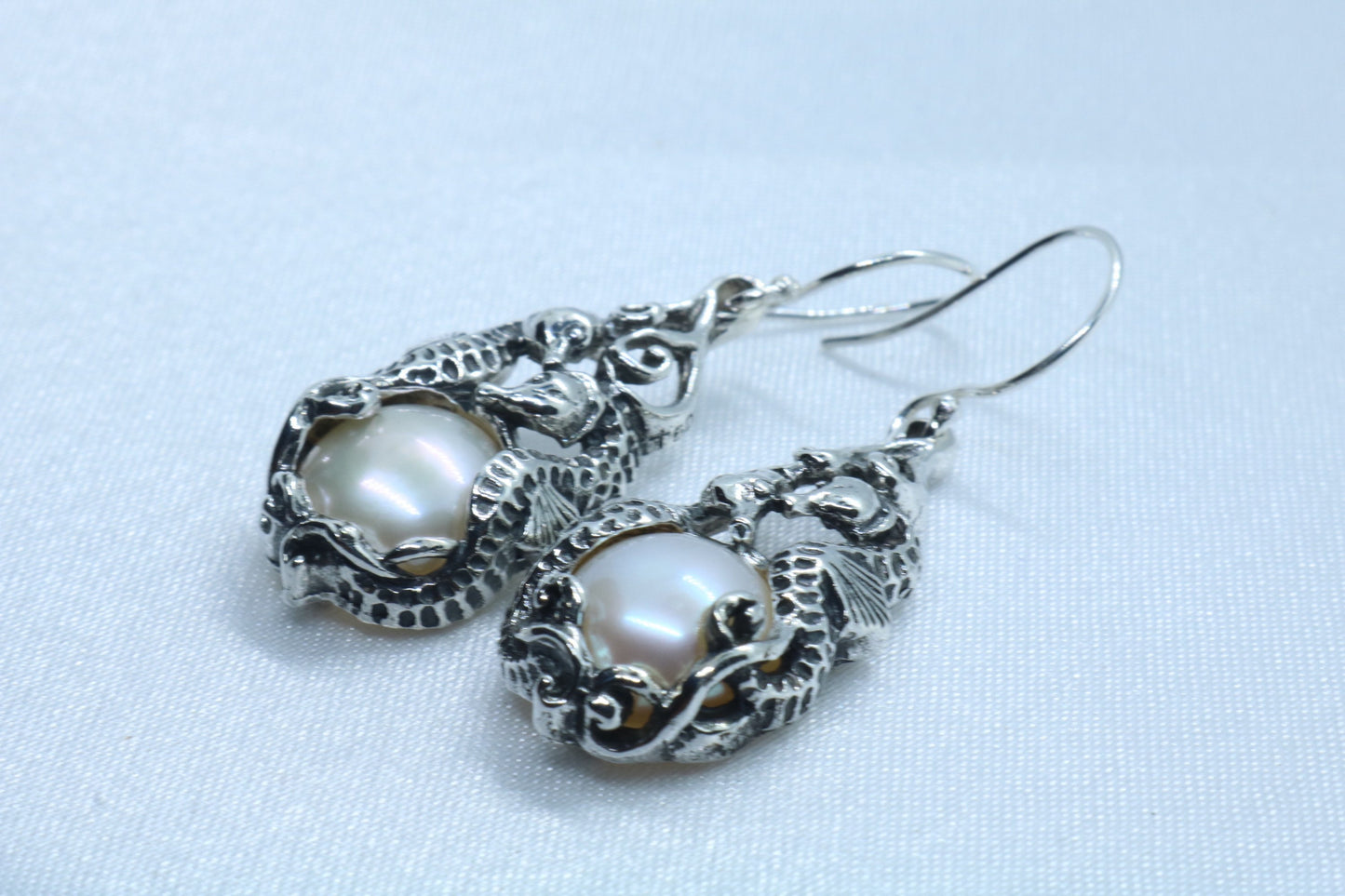 Seahorses Mabe White Pearl Silver Earrings