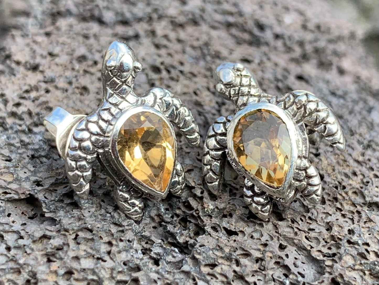 Turtle Charm Citrine Stud Earrings Sterling Silver