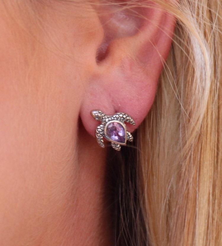 Sea Turtle Stud Earrings | Amethyst | Sterling Silver | Ocean | Beach | Gift | Jewelry | Handmade | Unique