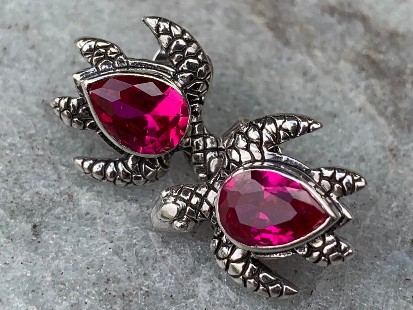 Ruby turtle earrings studs. Sterling silver.