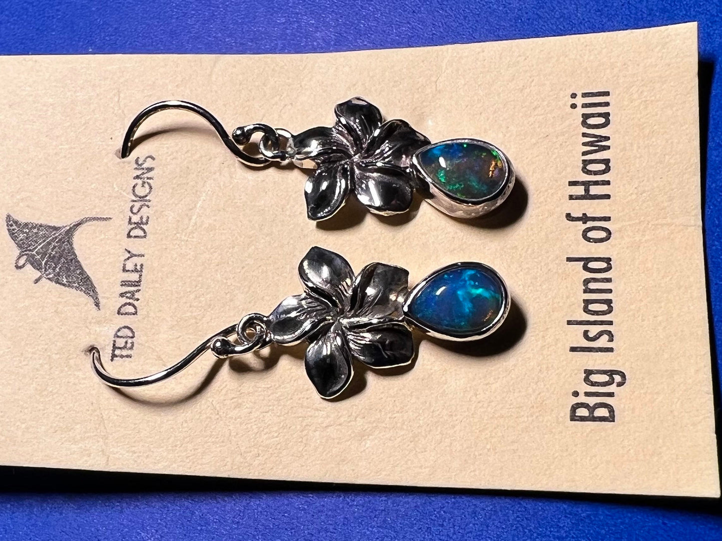 Opal Plumeria Flower Silver Earrings
