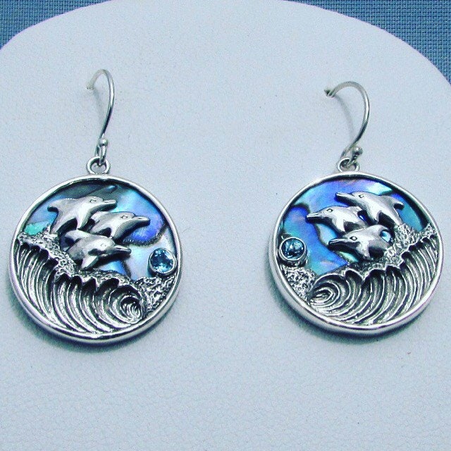 Dolphin Wave Earrings | Blue Topaz | Paua Abalone Shell | Sterling Silver | Ocean | Beach | Gift | Jewelry | Handmade | Unique
