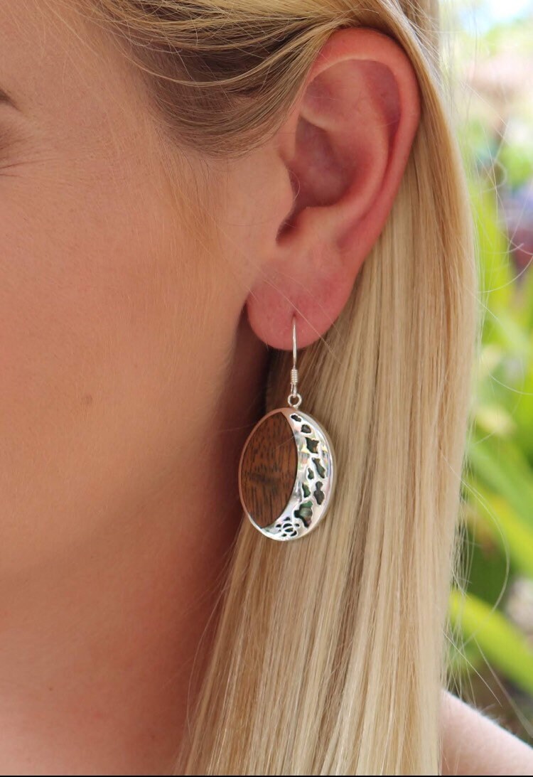 Hawaii Island Chain Earrings | Koa Wood | Sterling Silver | Abalone Paua Shell | Ocean | Beach | Gift | Jewelry | Handmade | Unique