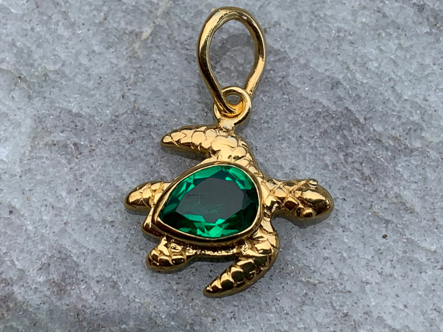 Emerald Turtle Charm Pendant Necklace. Gold Vermeil.