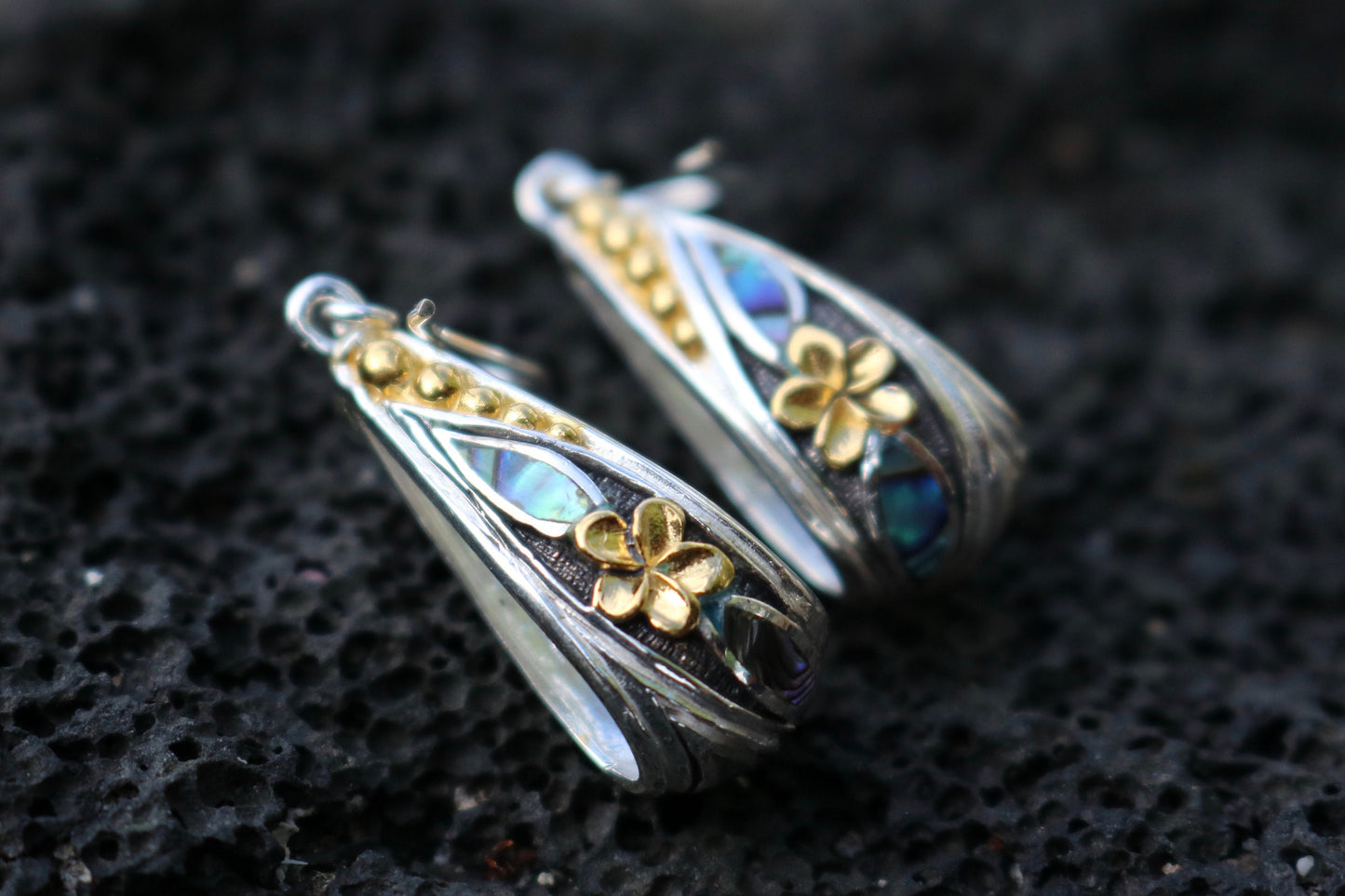 18K Gold Vermeil Plumeria Peridot Abalone Shell Hoop Earrings. Sterling Silver.