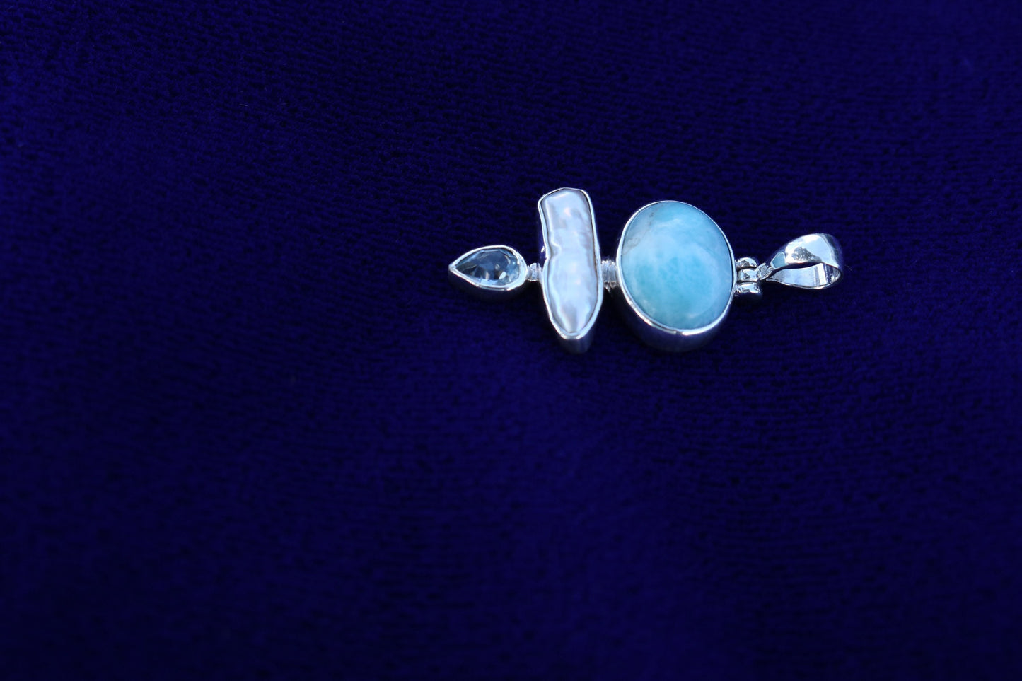 Larimar, Pearl and Blue Topaz Triple Pendant Necklace. Sterling Silver.