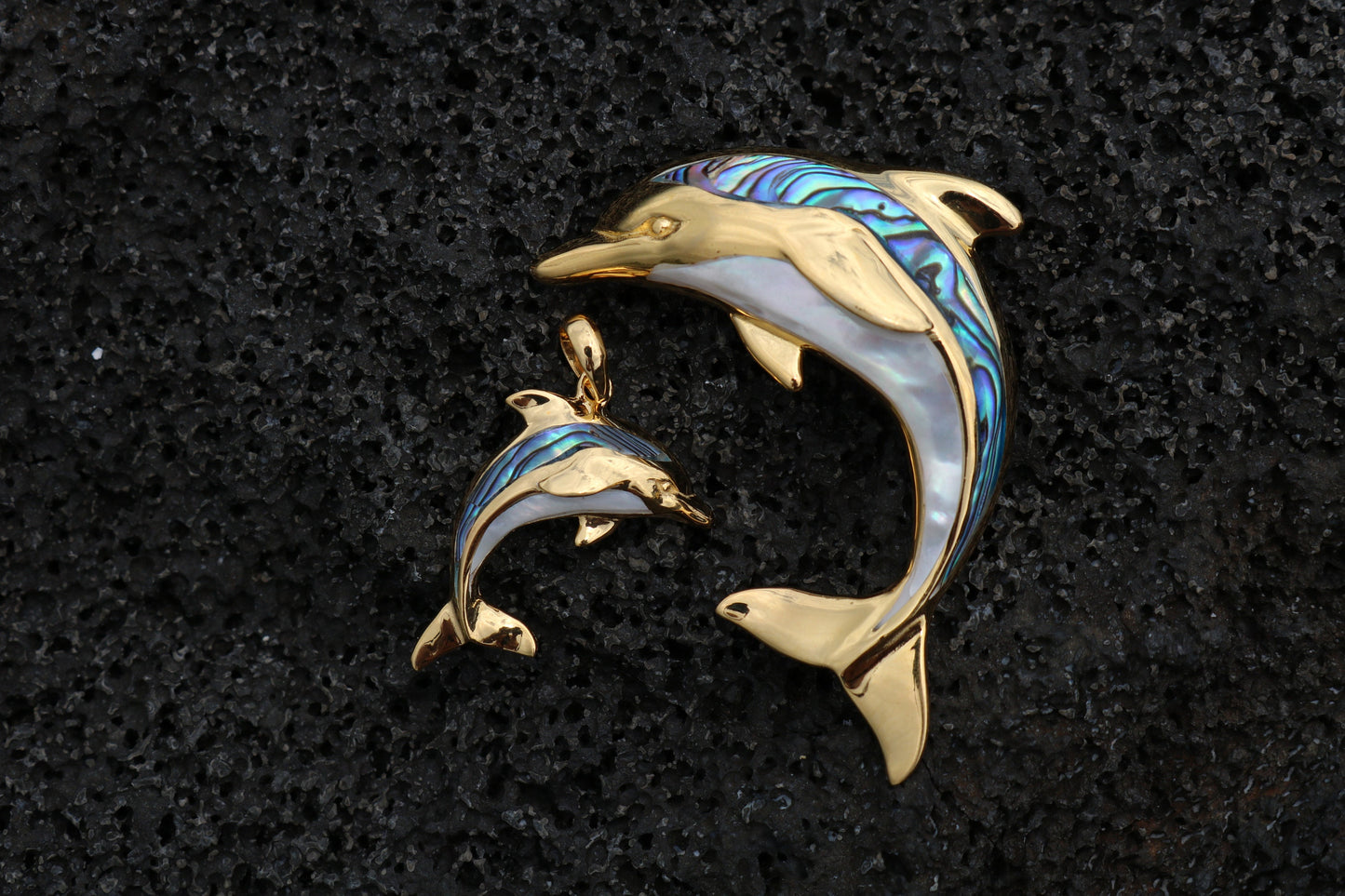 18K Gold Vermeil Aumakua Dolphin Necklace Pendant. Abalone Paua Shell, Mother of Pearl, Sterling Silver, 18K Gold.