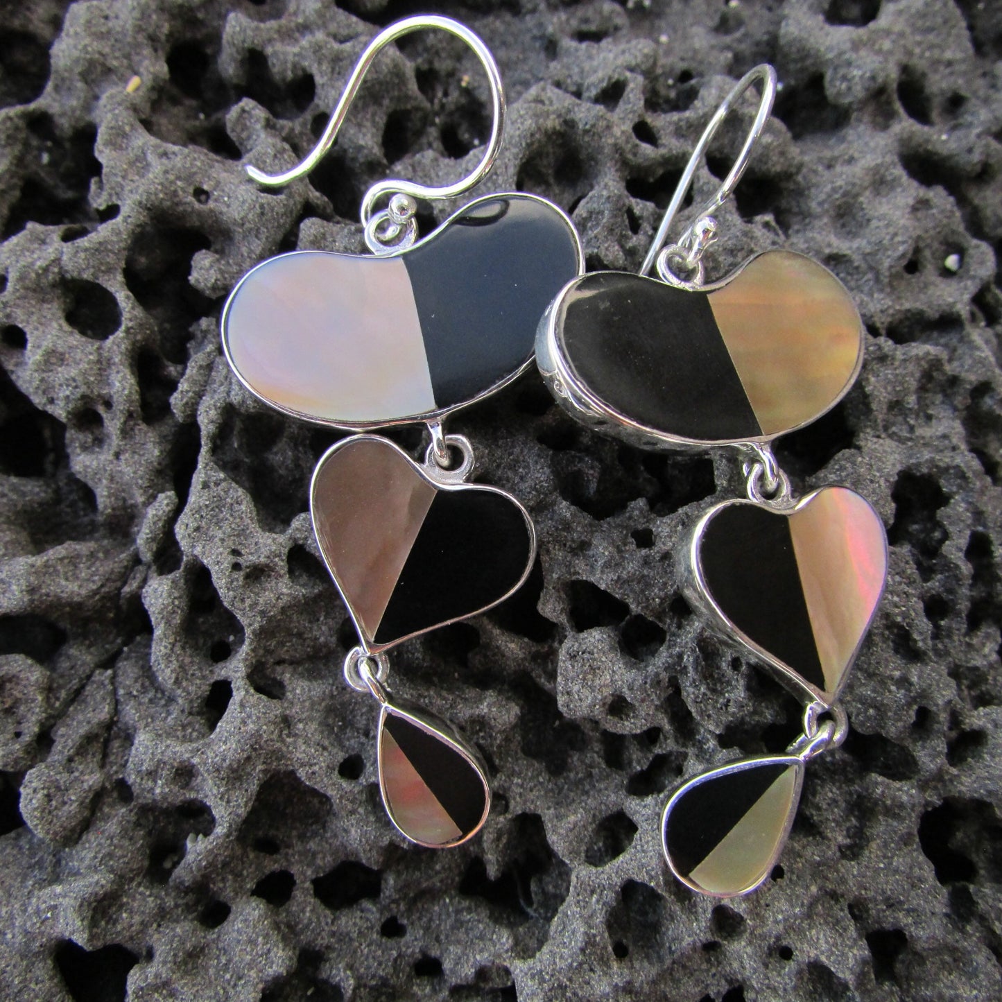 Heart Teardrop Earrings. Black Ouster, Mother of Pearl Shell. Sterling Silver.