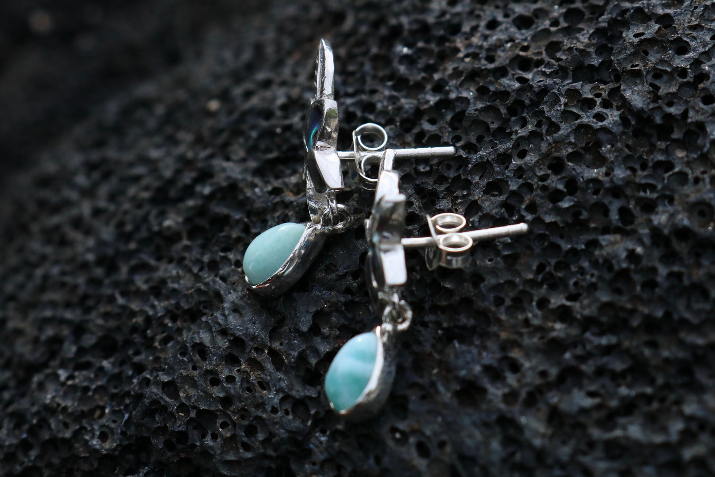 Plumeria Flower Larimar Abalone Shell Stud Earrings. Sterling Silver.