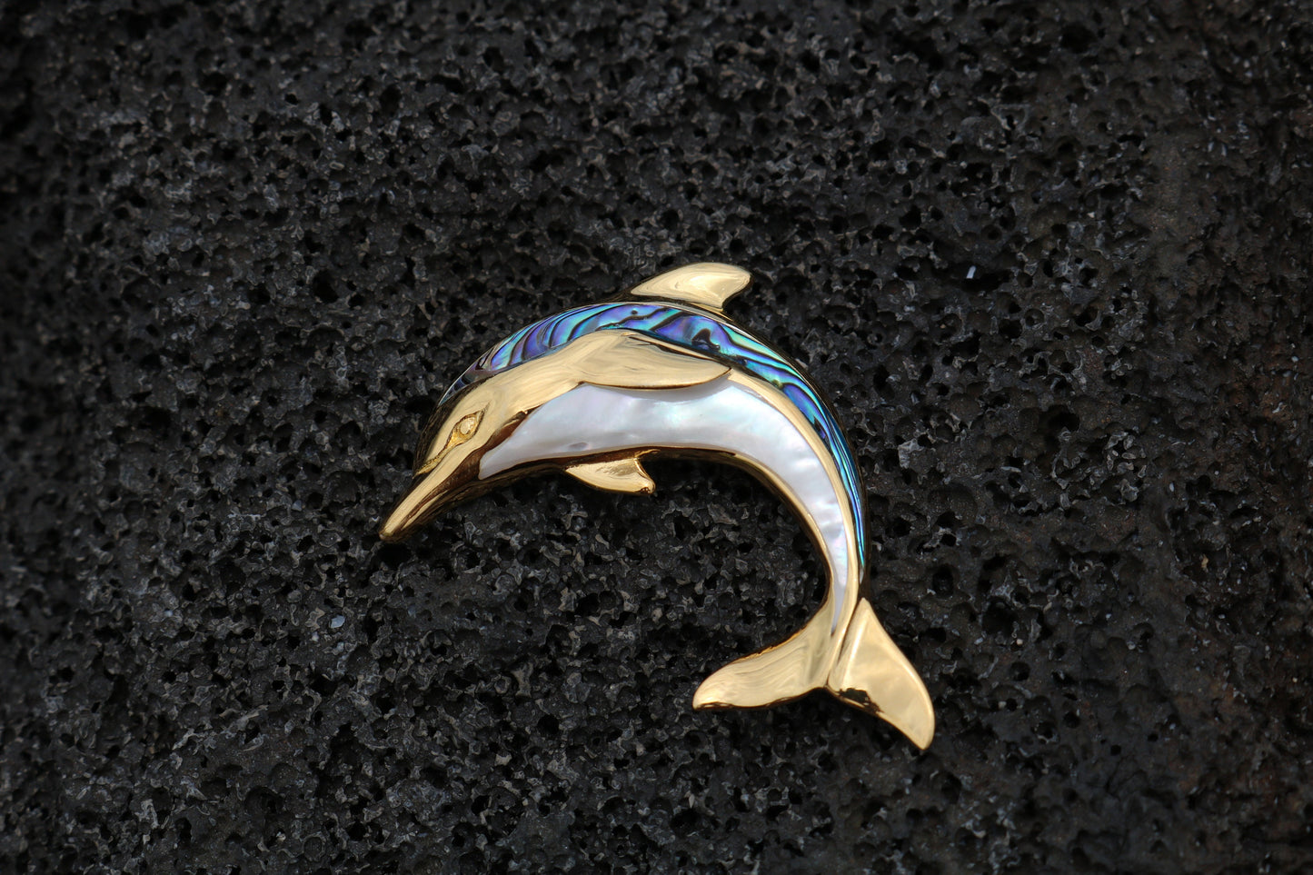 18K Gold Vermeil Aumakua Dolphin Necklace Pendant. Abalone Paua Shell, Mother of Pearl, Sterling Silver, 18K Gold.