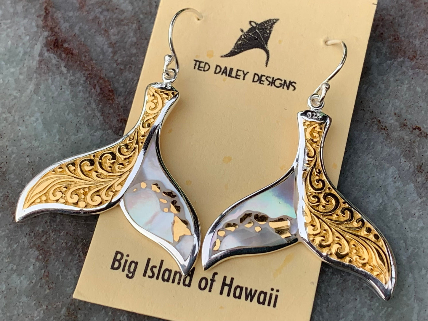 Hawaiian Islands Whale Tail Earrings. Kauai, Oahu, Maui, Big Island of Hawaii. Gold, Silver, Mother of Pearl.