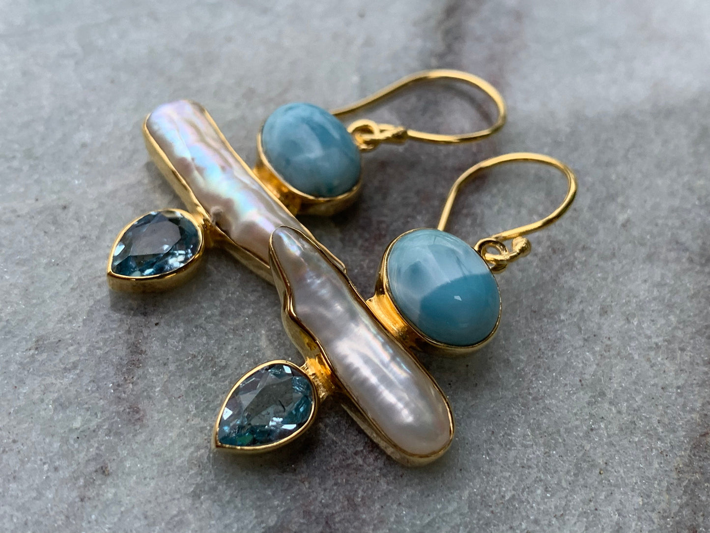 Larimar, Pearl, Blue Topaz 18k Gold Vermeil Earrings.