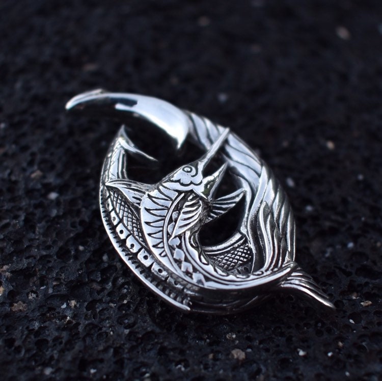 Fishing Hook Necklace Pendant with Marlin. Sterling Silver.