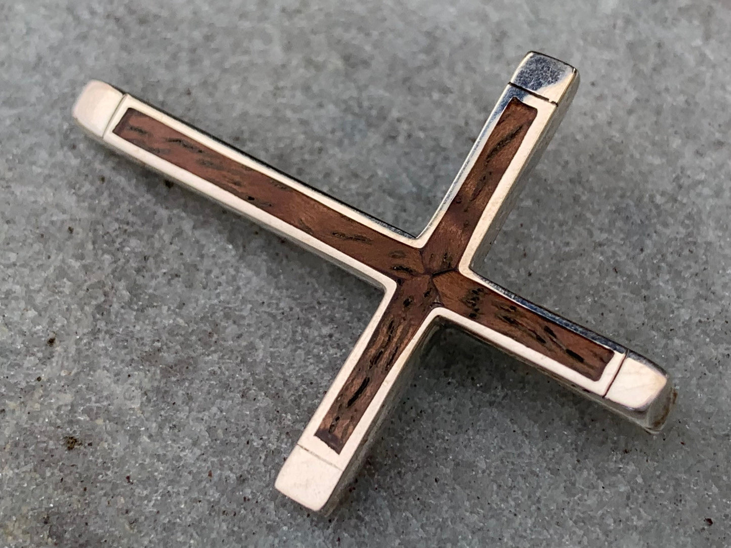 Cross Necklace Pendant. Sterling Silver, Hawaiian Koa Wood.