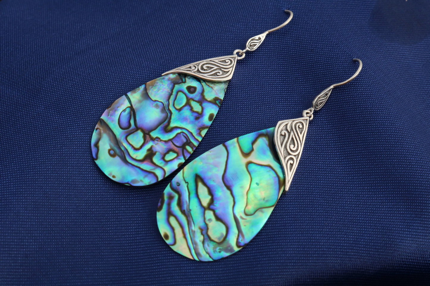 Abalone Shell Teardrop Earrings Tribal Design. Sterling Silver.