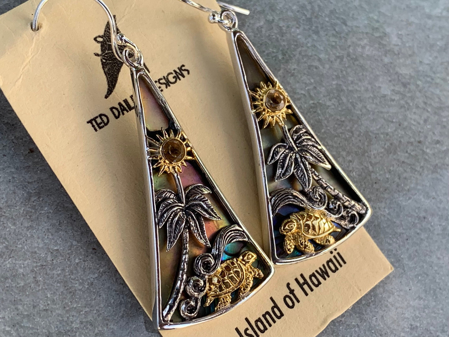 Turtle Sun Wave Palm Tree Citrine Abalone Shell Gold Silver Earrings