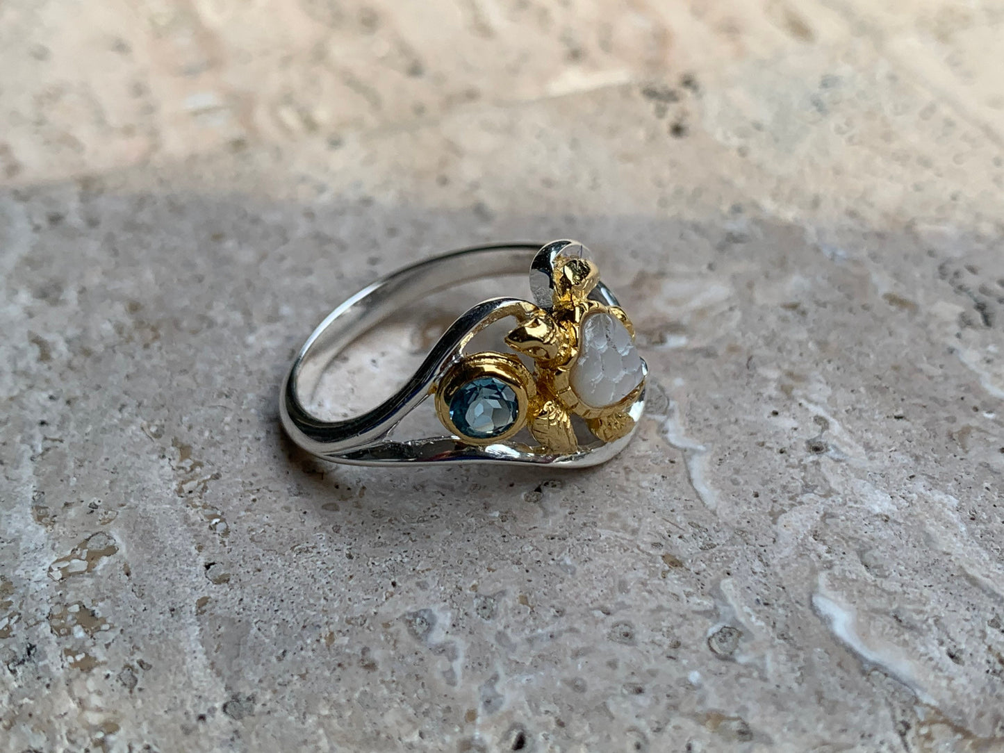 Swiss Topaz Turtle Ring. Mother of Pearl, Silver, Gold.