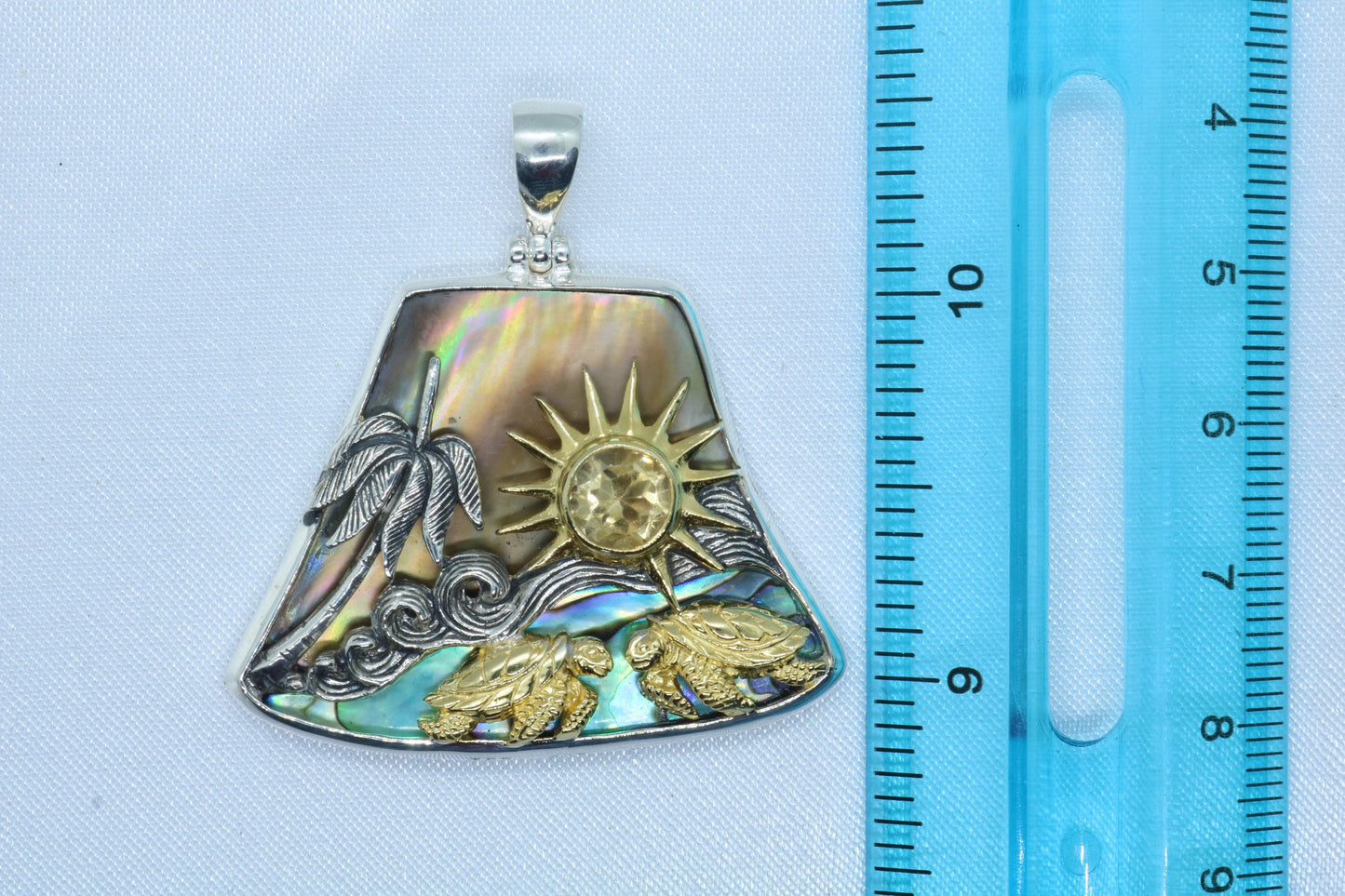 Sun Wave Beach Palm Tree Turtle Play Necklace Pendant. Silver, Gold, Abalone Shell, Citrine.