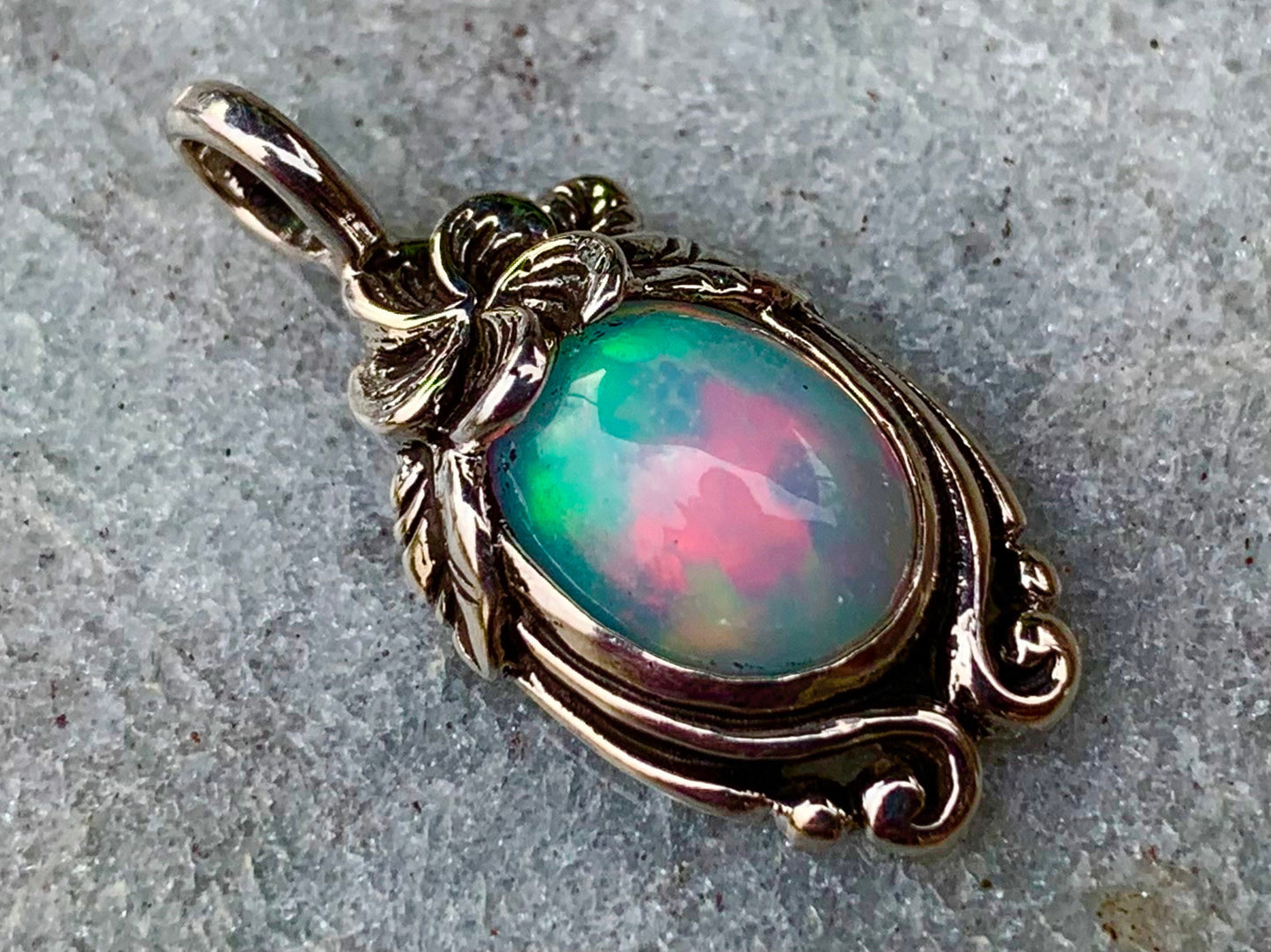 Opal Plumeria Flower Necklace Pendant. Sterling Silver.