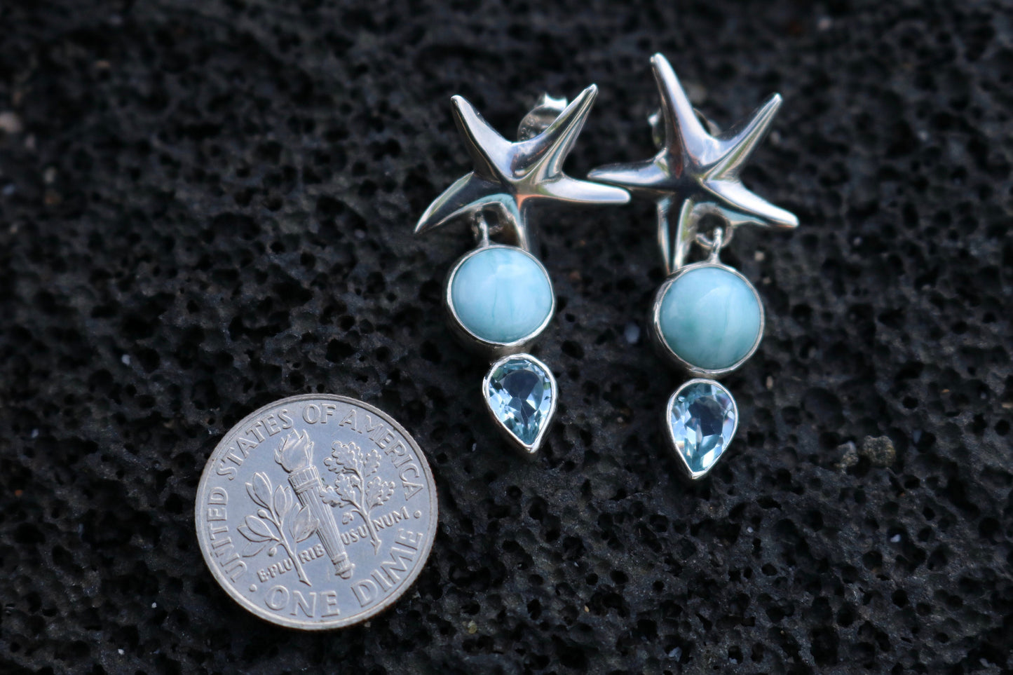 Starfish Larimar Blue Topaz Stud Earrings. Sterling Silver.