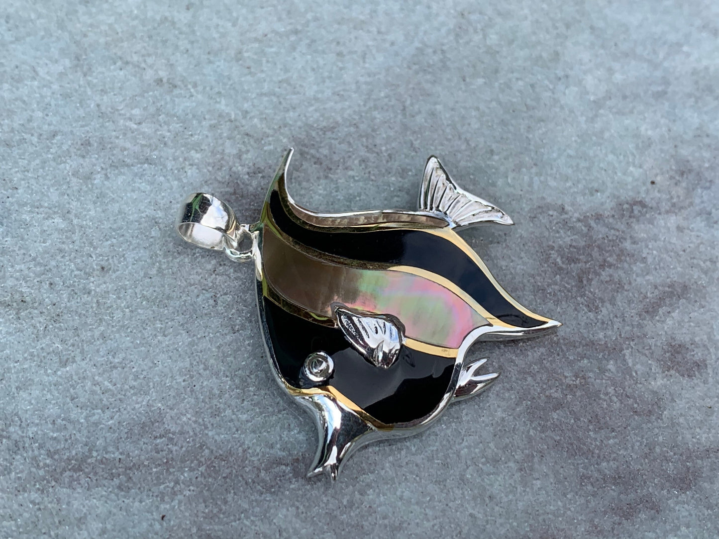 Fish Moorish Idol Hawaiian Tropical Pendant Necklace. Sterling Silver, Mother of Pearl.