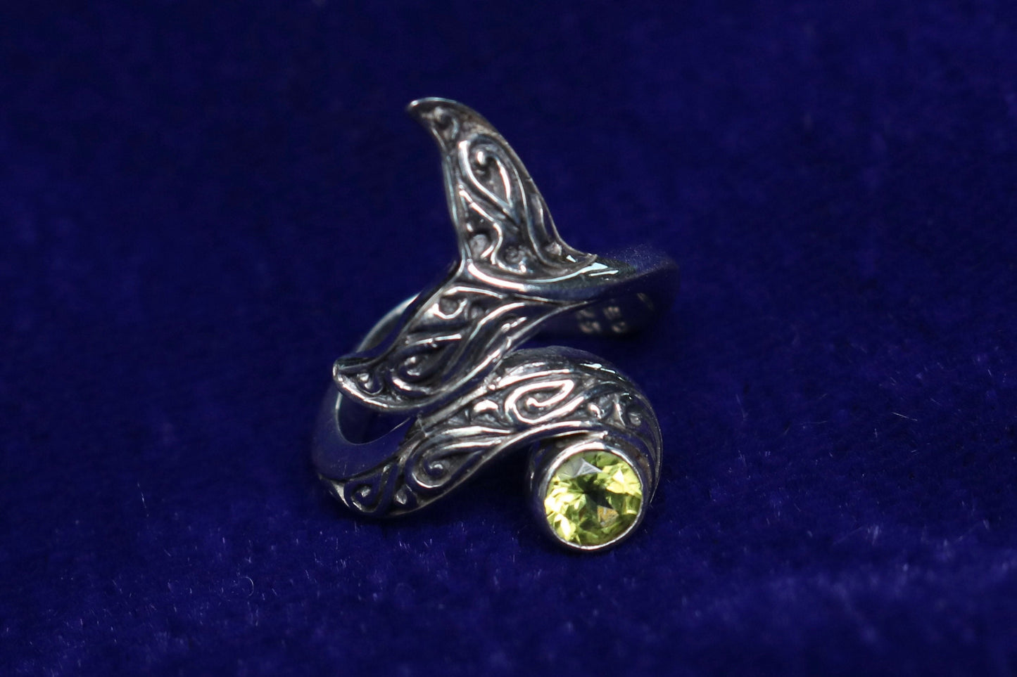 Whale Tail Ring Tribal Polynesian Tattoo Design. Peridot. Sterling Silver.