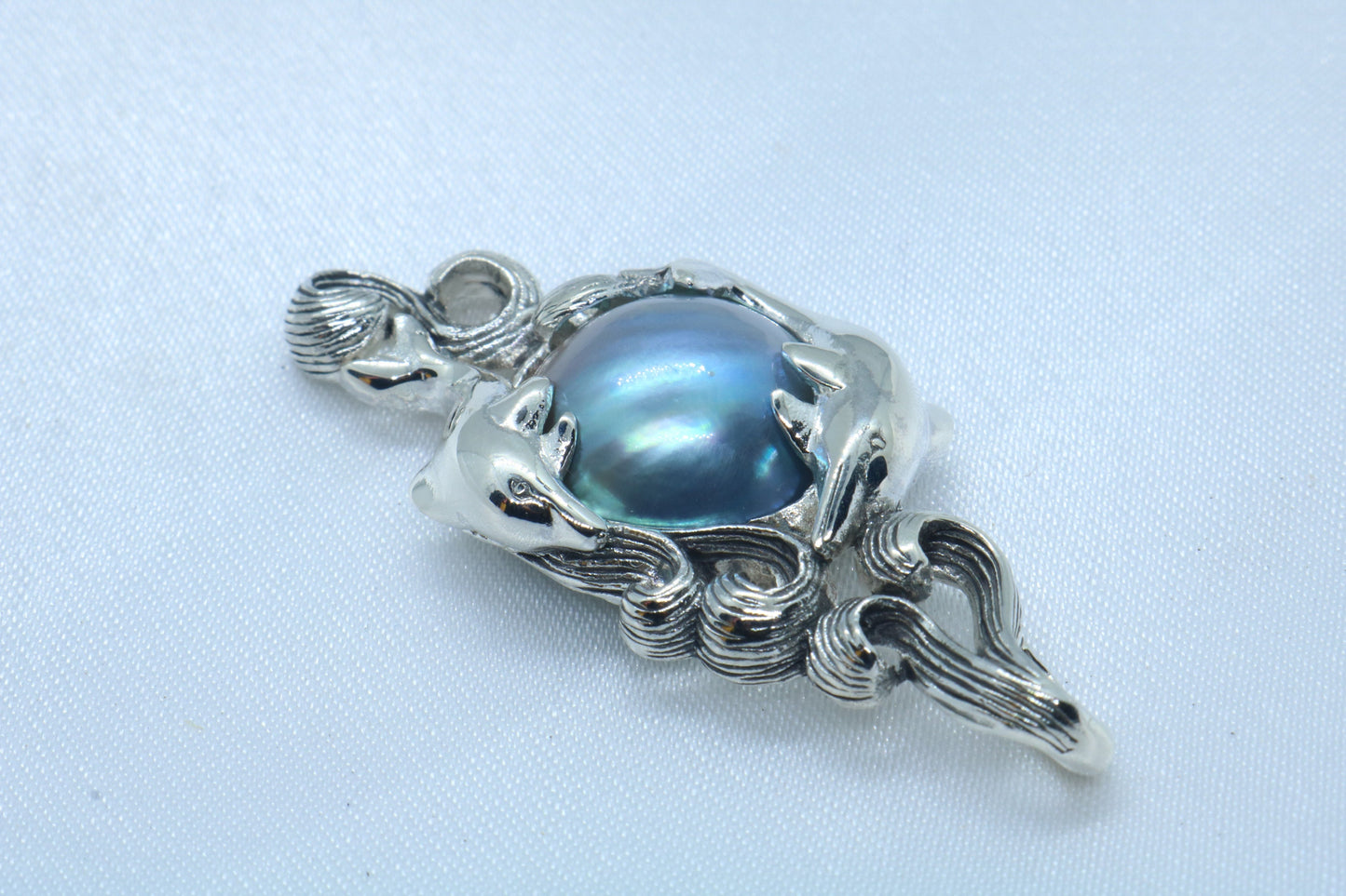 Dolphins Blue Mabe Pearl Silver Pendant Necklace