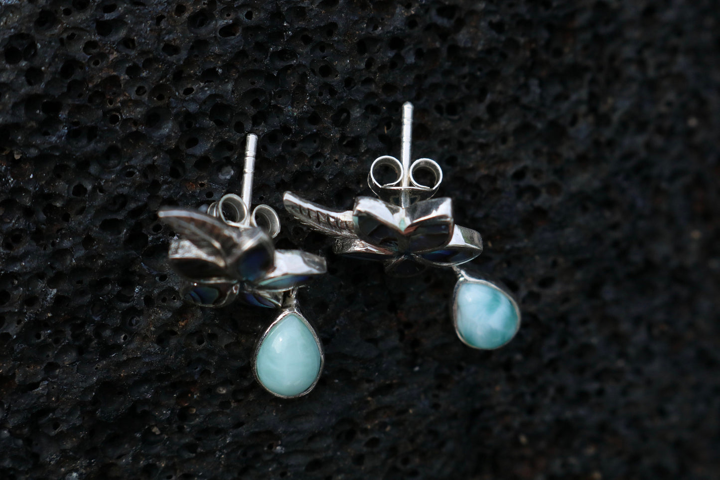 Plumeria Flower Larimar Abalone Shell Stud Earrings. Sterling Silver.