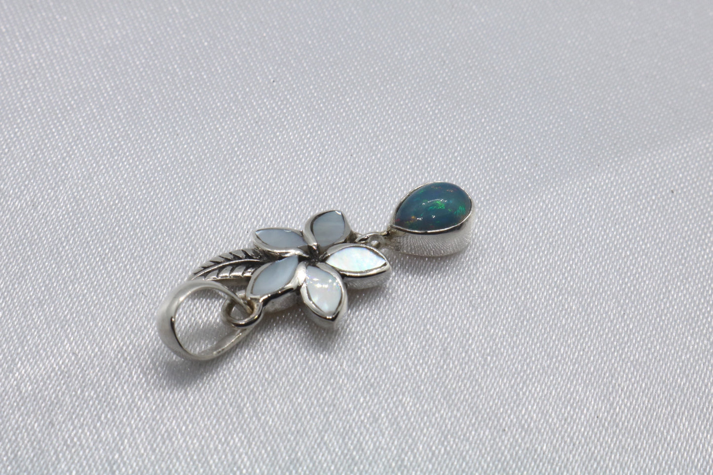 Opal Plumeria Flower Silver Mother of Pearl Necklace Pendant